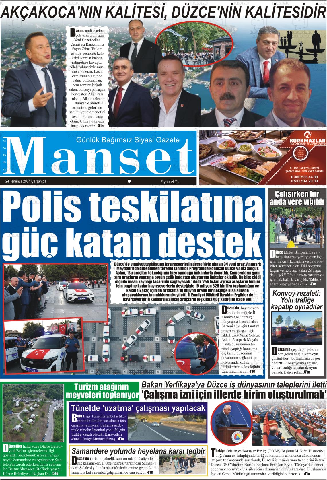 24 Temmuz 2024 Düzce Manşet Gazete Manşeti