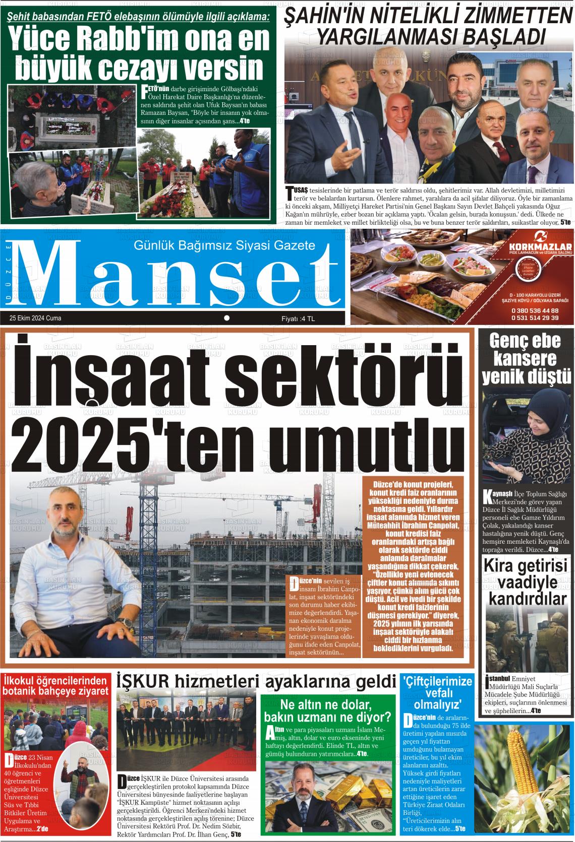 25 Ekim 2024 Düzce Manşet Gazete Manşeti