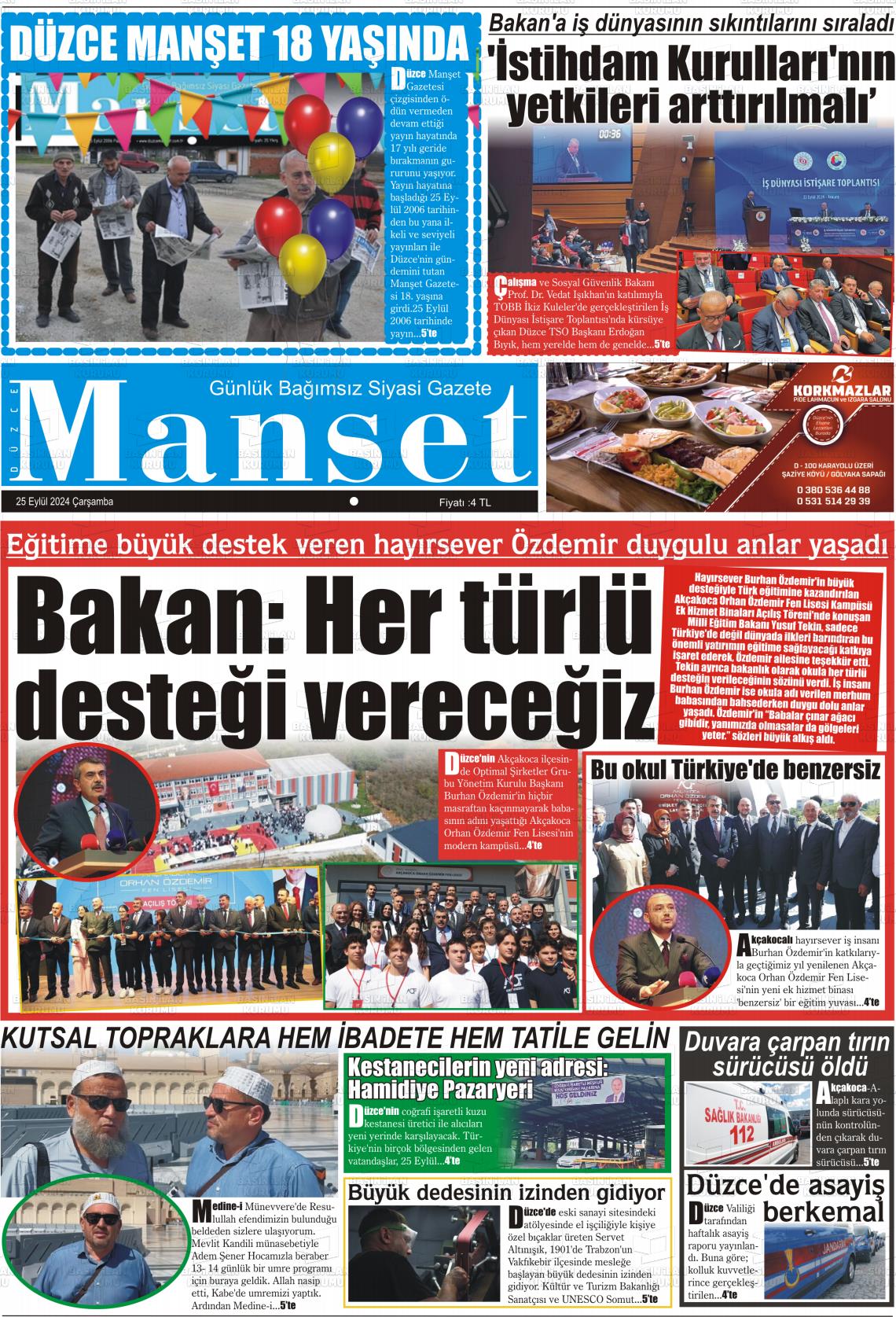 25 Eylül 2024 Düzce Manşet Gazete Manşeti