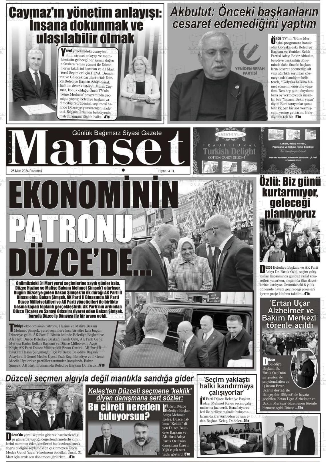 25 Mart 2024 Düzce Manşet Gazete Manşeti