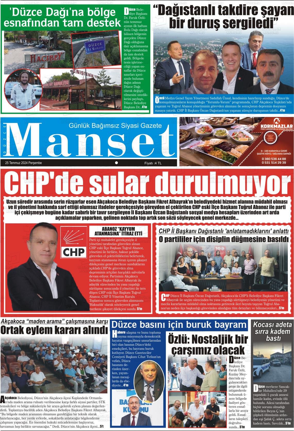 25 Temmuz 2024 Düzce Manşet Gazete Manşeti