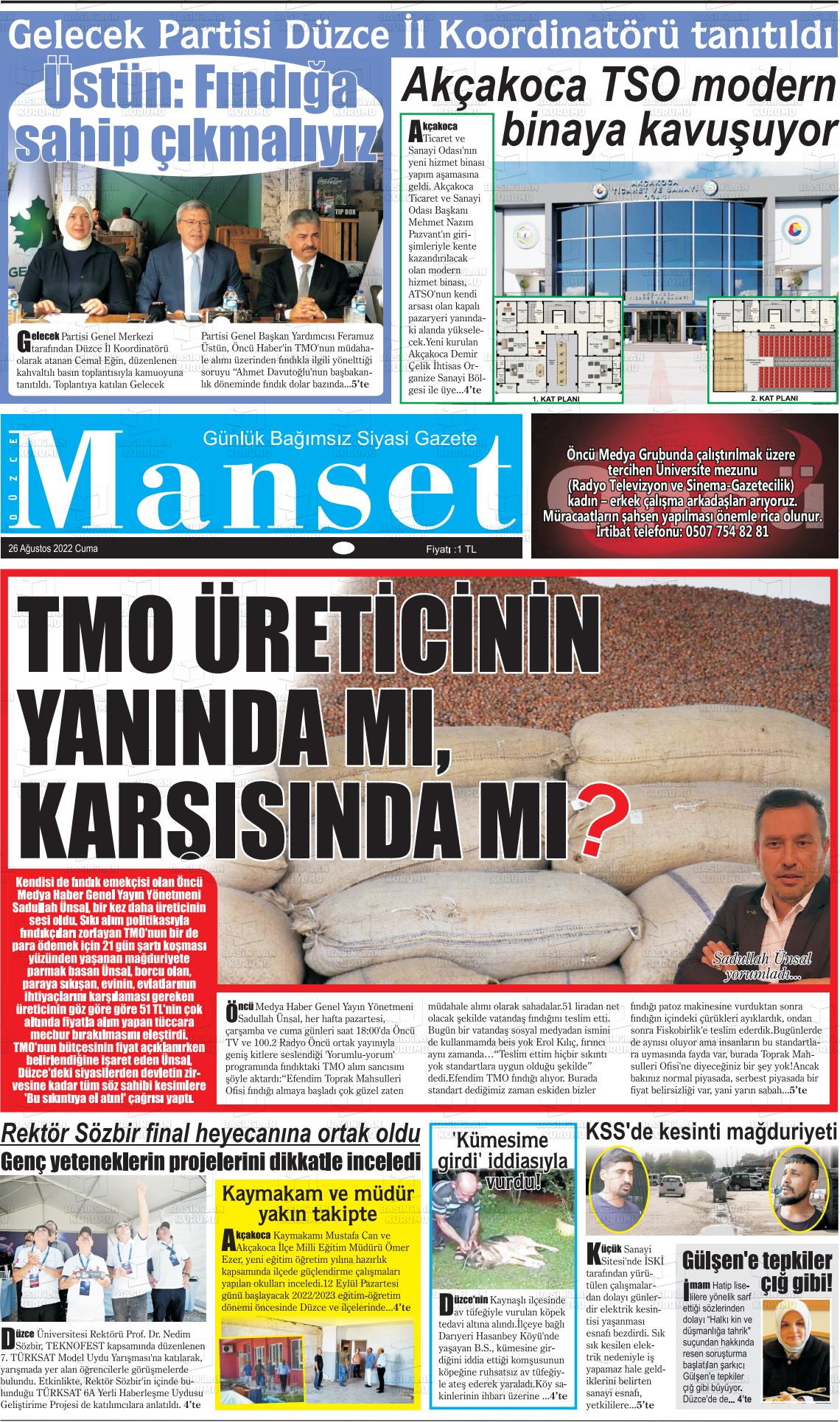 26 Ağustos 2022 Düzce Manşet Gazete Manşeti