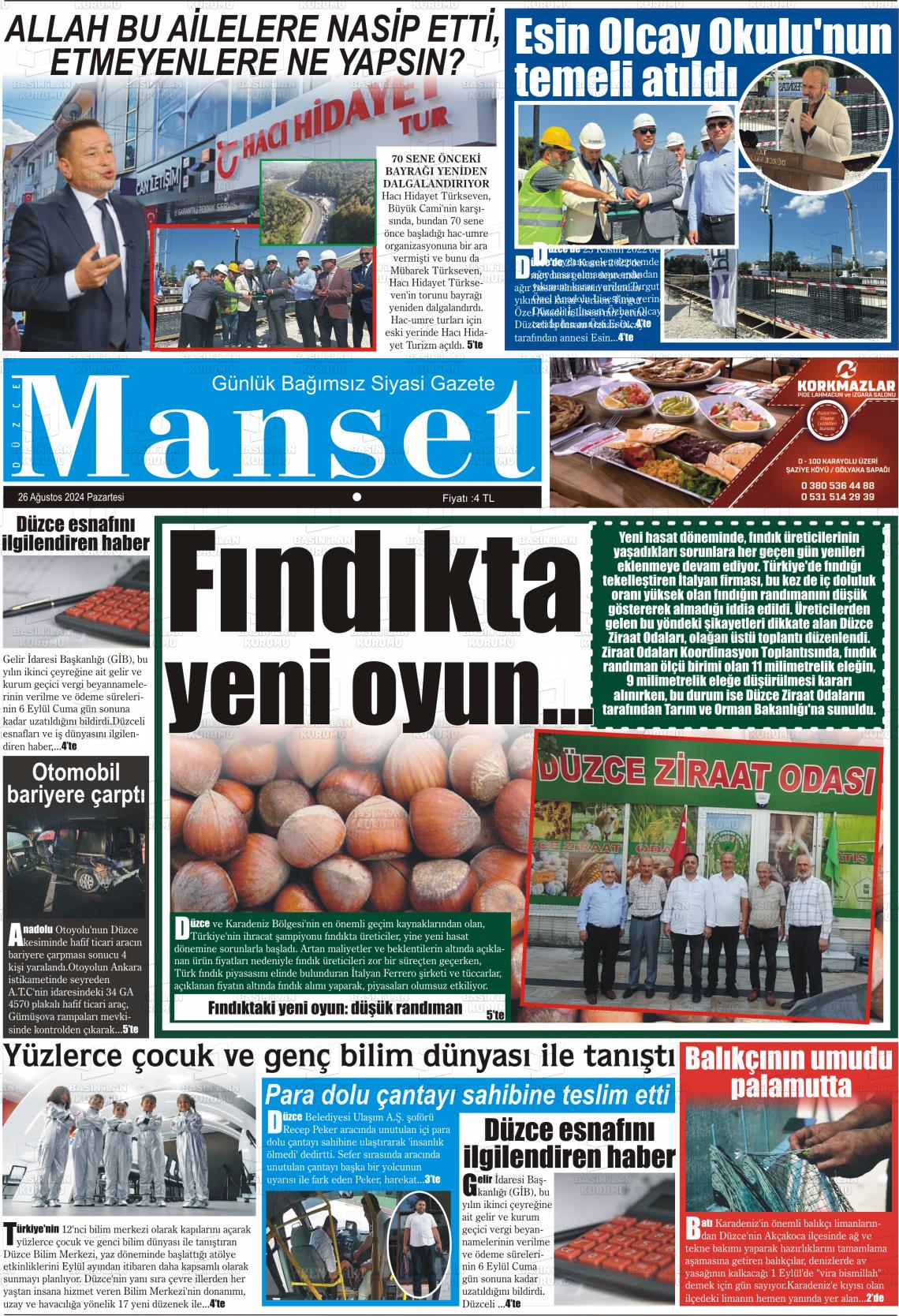 26 Ağustos 2024 Düzce Manşet Gazete Manşeti