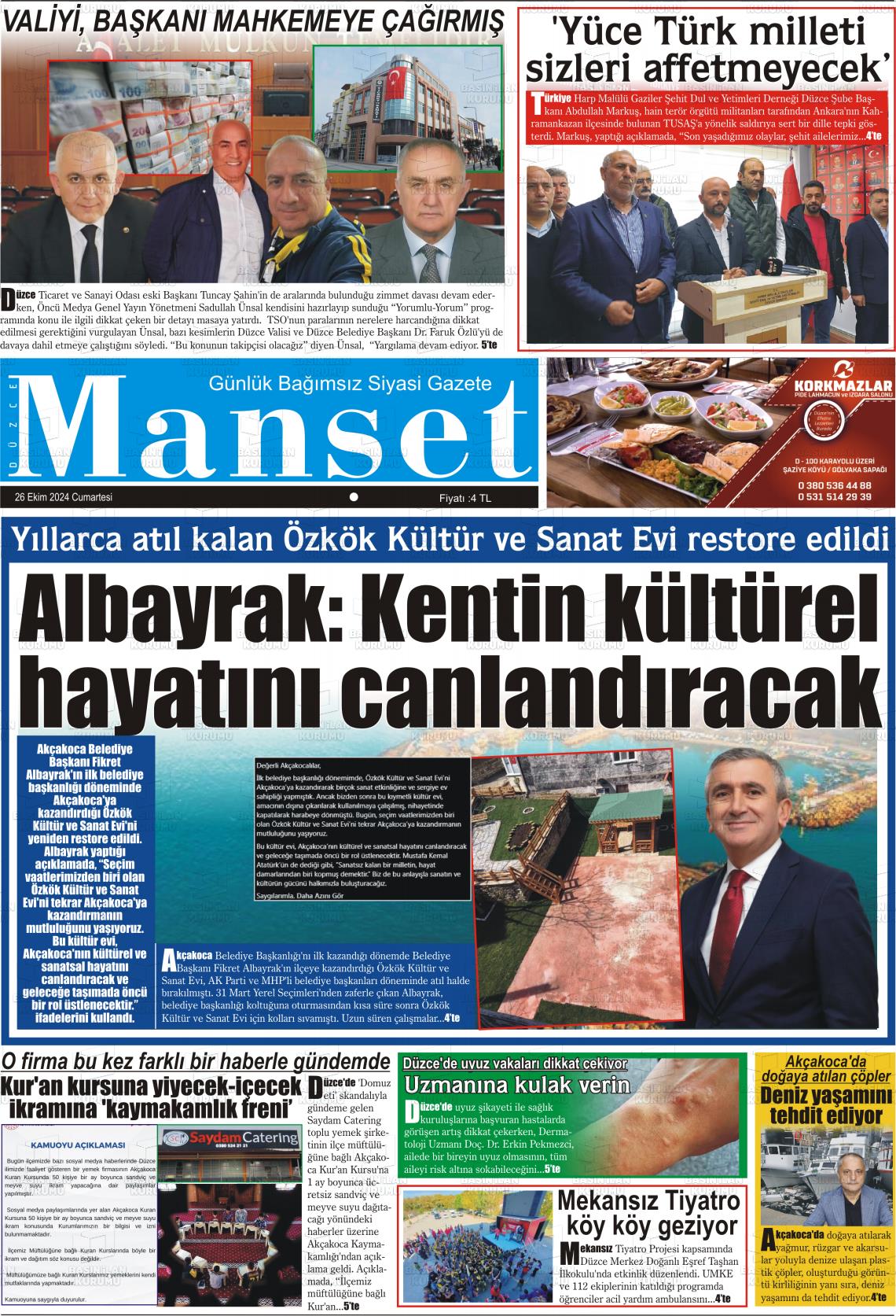 26 Ekim 2024 Düzce Manşet Gazete Manşeti