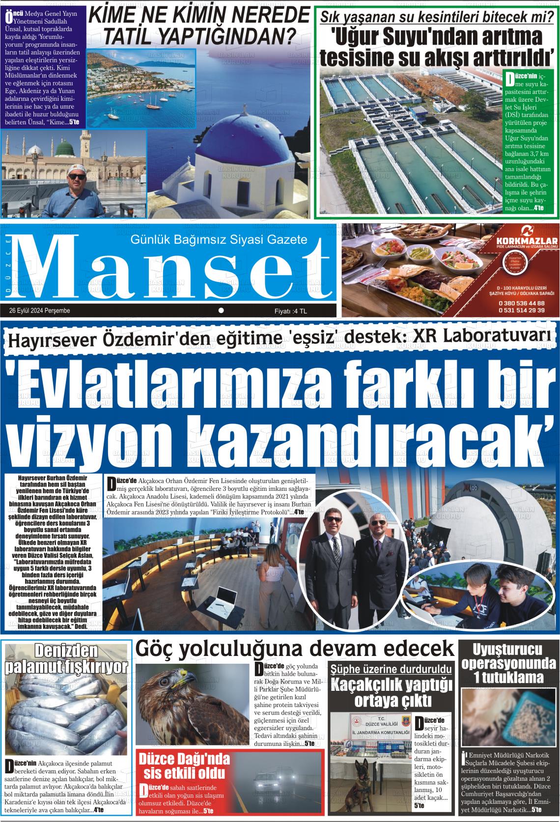 26 Eylül 2024 Düzce Manşet Gazete Manşeti