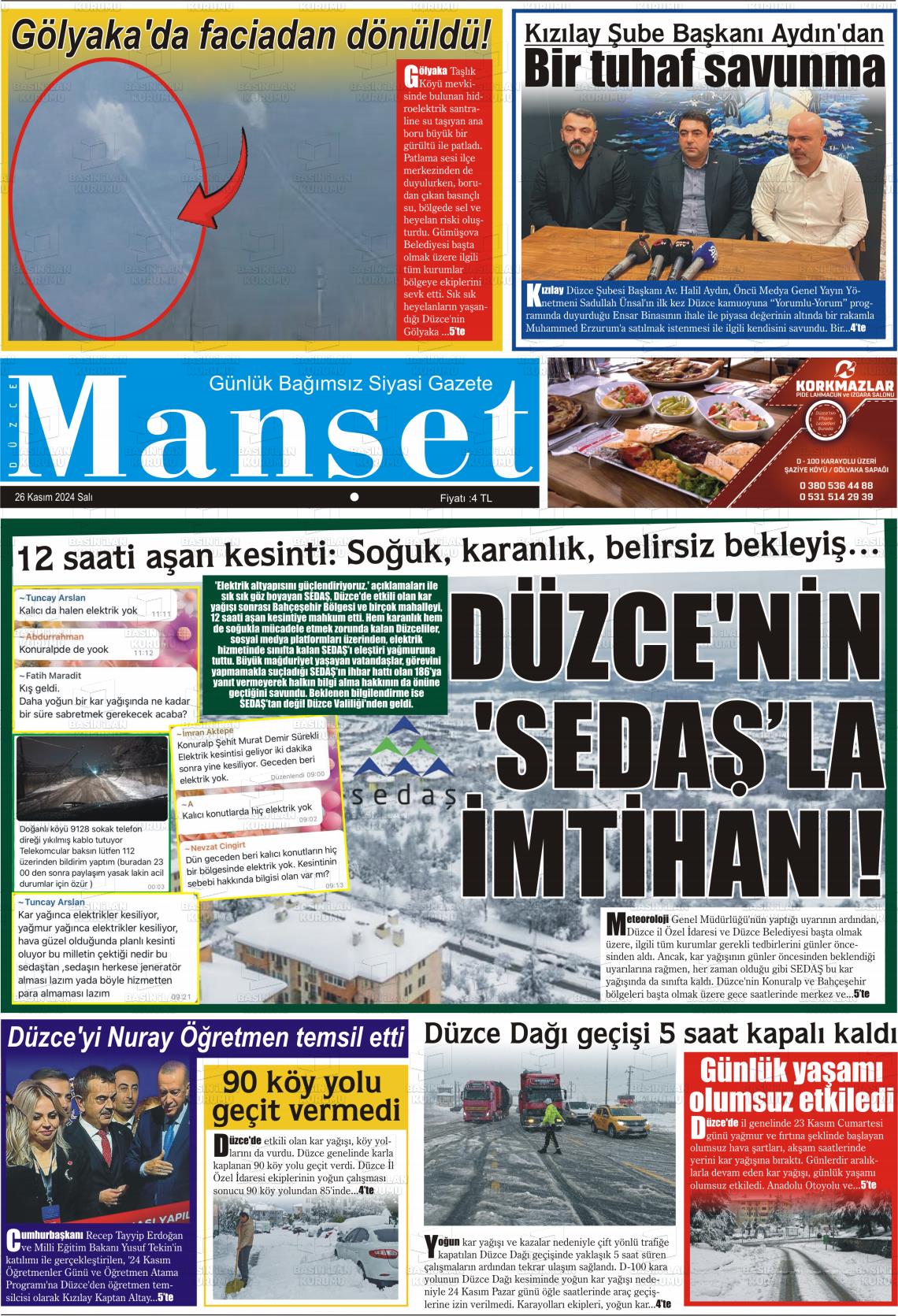 26 Kasım 2024 Düzce Manşet Gazete Manşeti