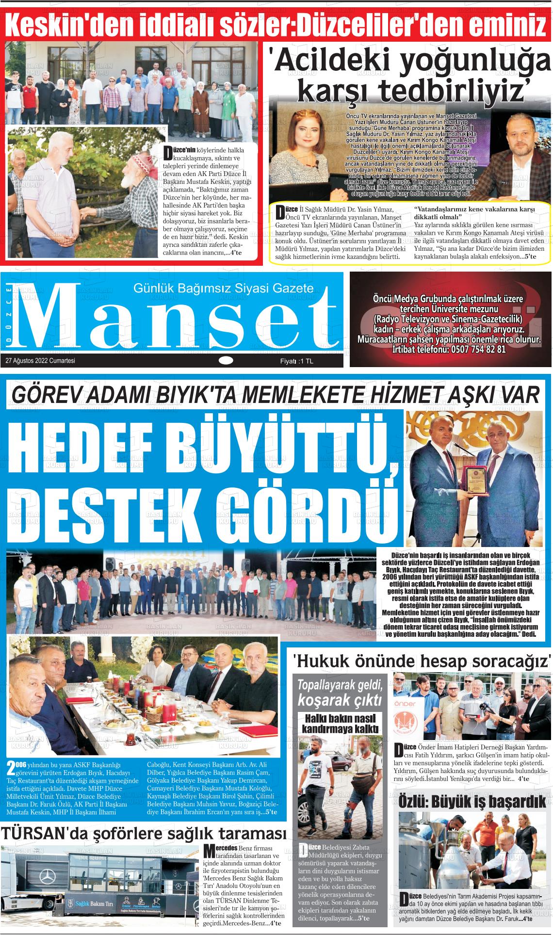 27 Ağustos 2022 Düzce Manşet Gazete Manşeti