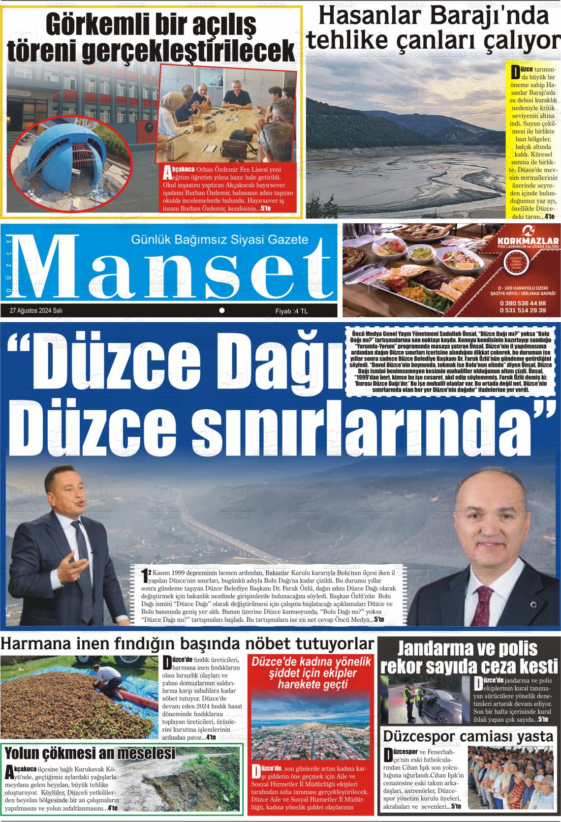 27 Ağustos 2024 Düzce Manşet Gazete Manşeti