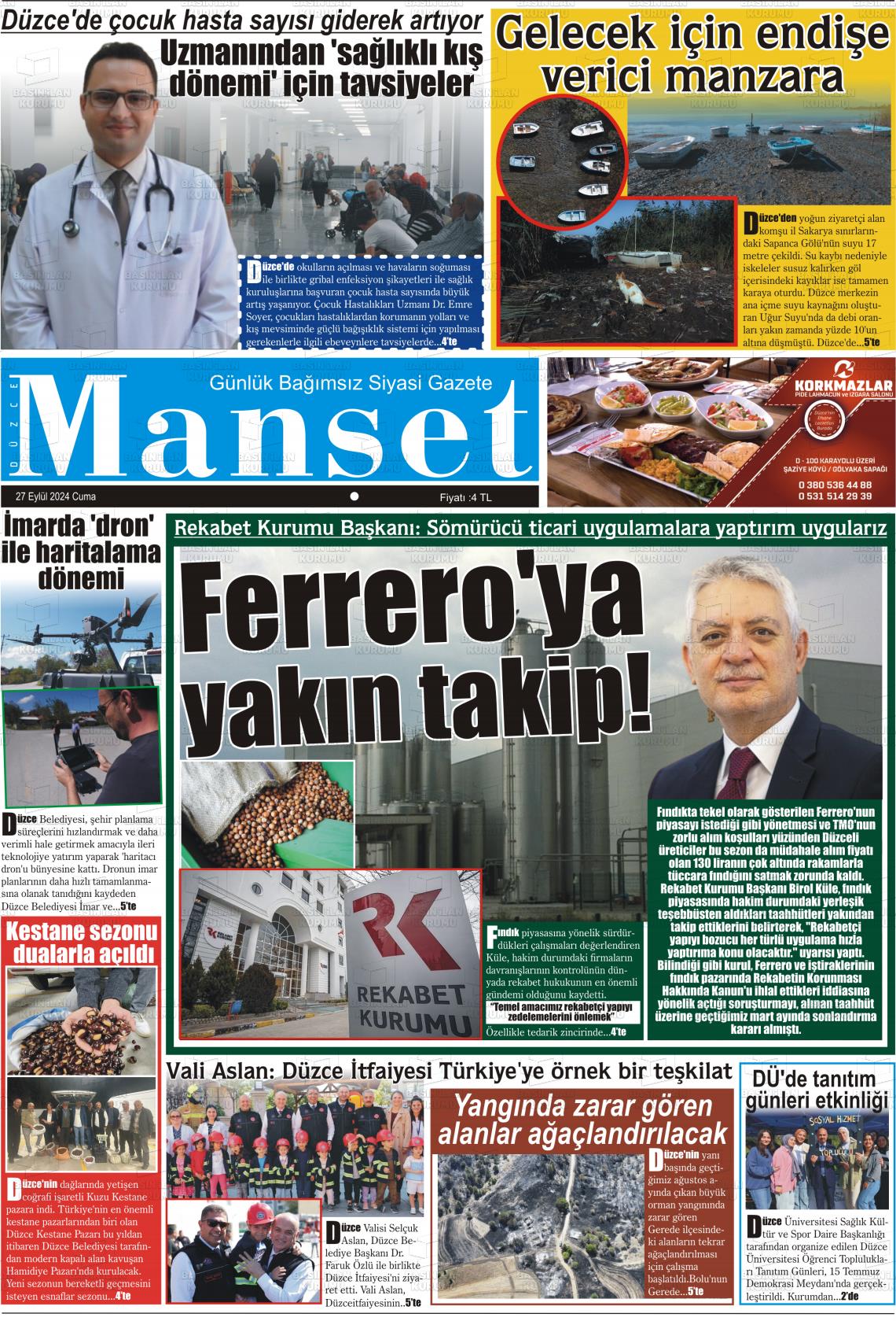 27 Eylül 2024 Düzce Manşet Gazete Manşeti