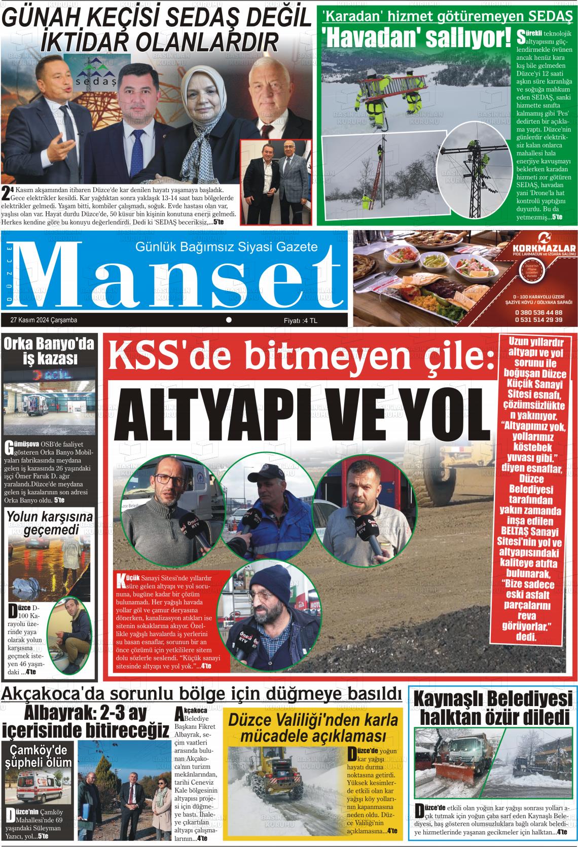 27 Kasım 2024 Düzce Manşet Gazete Manşeti