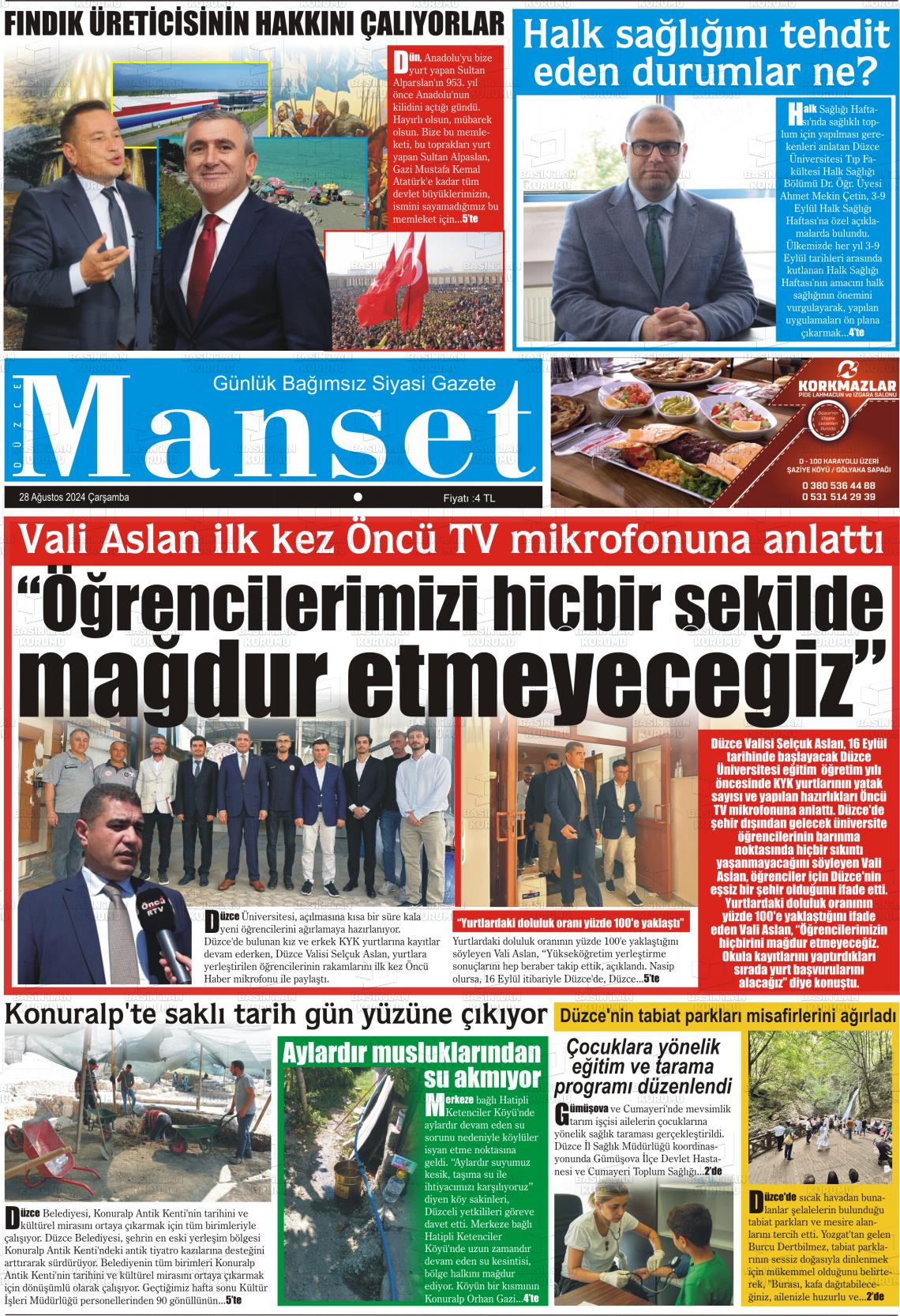 28 Ağustos 2024 Düzce Manşet Gazete Manşeti