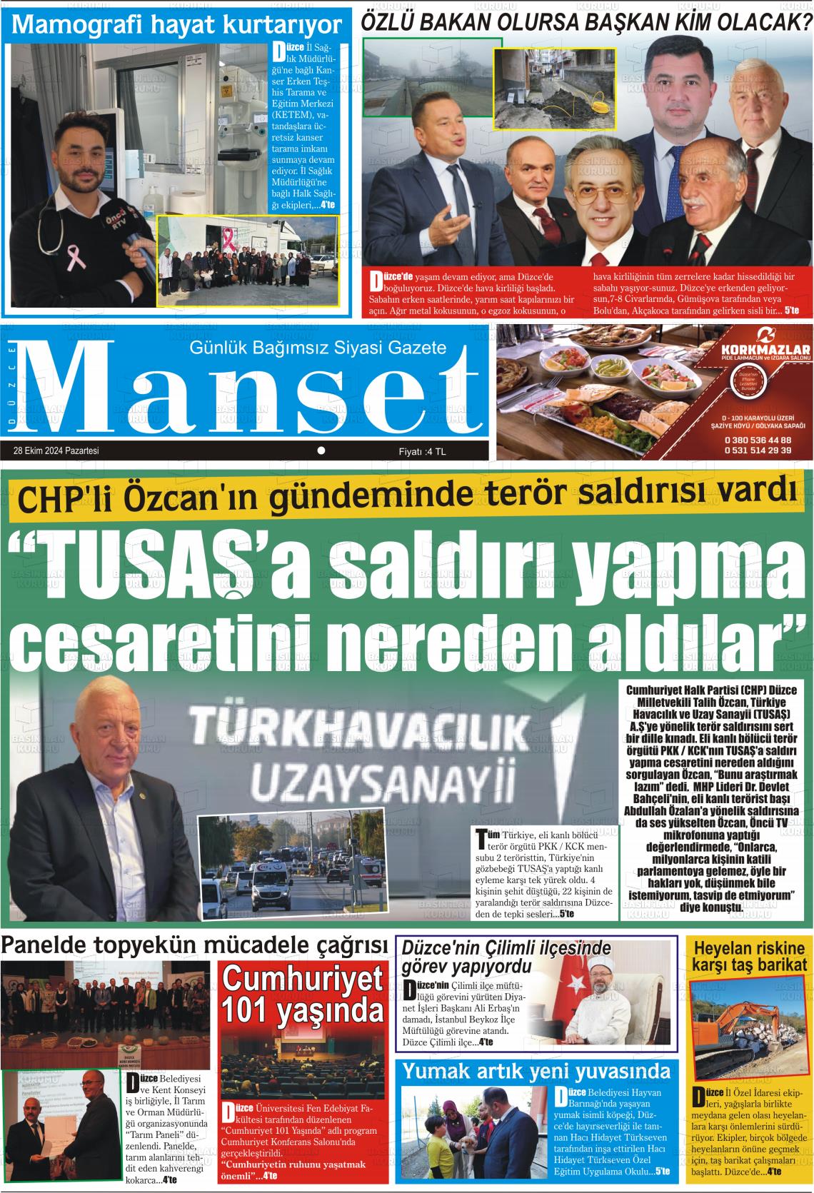 28 Ekim 2024 Düzce Manşet Gazete Manşeti