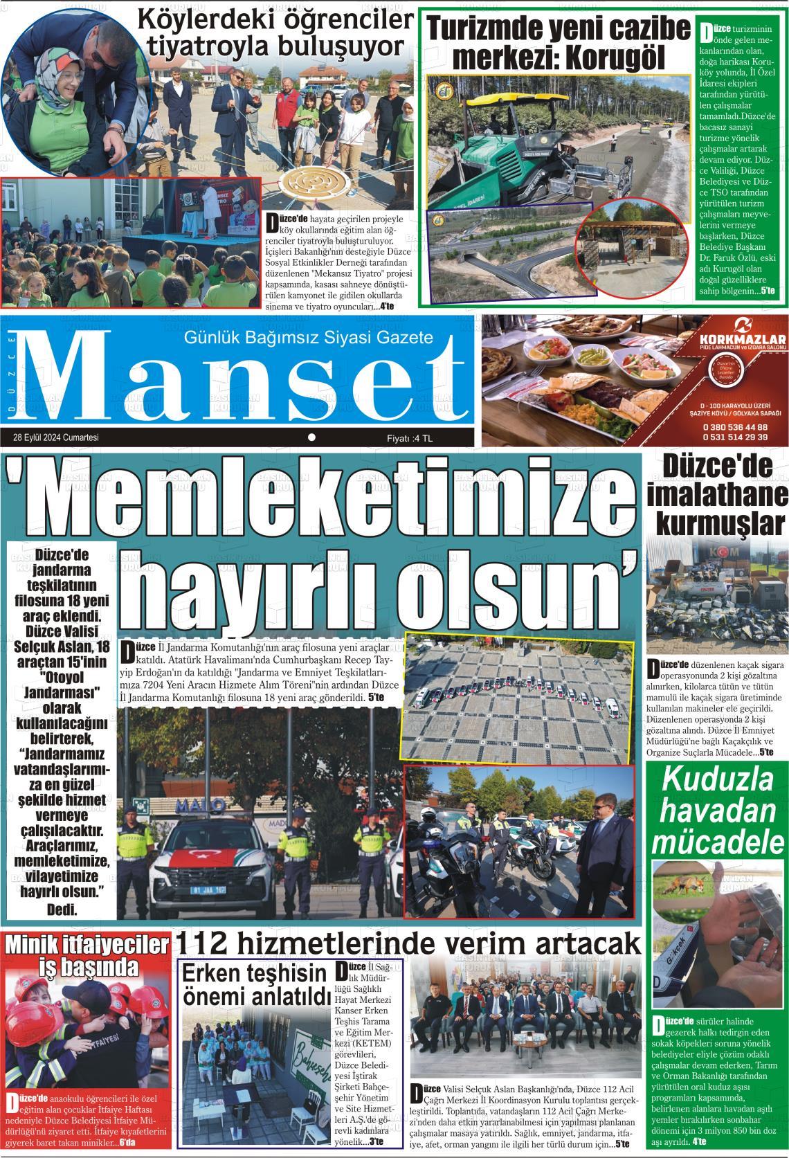 28 Eylül 2024 Düzce Manşet Gazete Manşeti