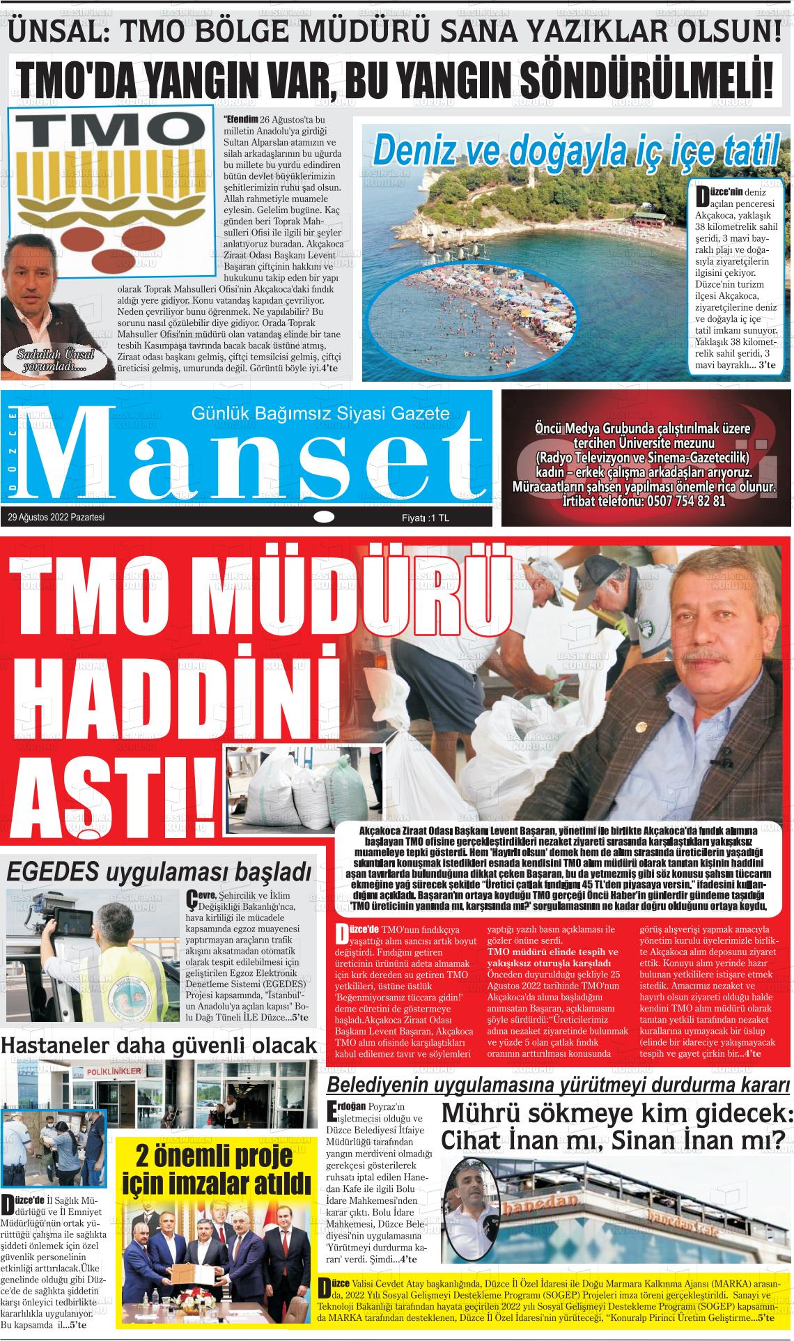 27 Ekim 2022 Düzce Manşet Gazete Manşeti