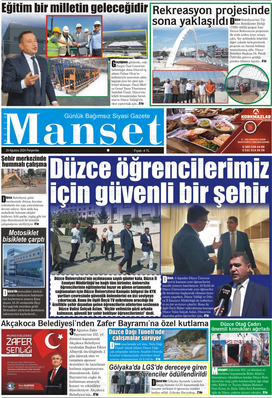 29 Ağustos 2024 Düzce Manşet Gazete Manşeti