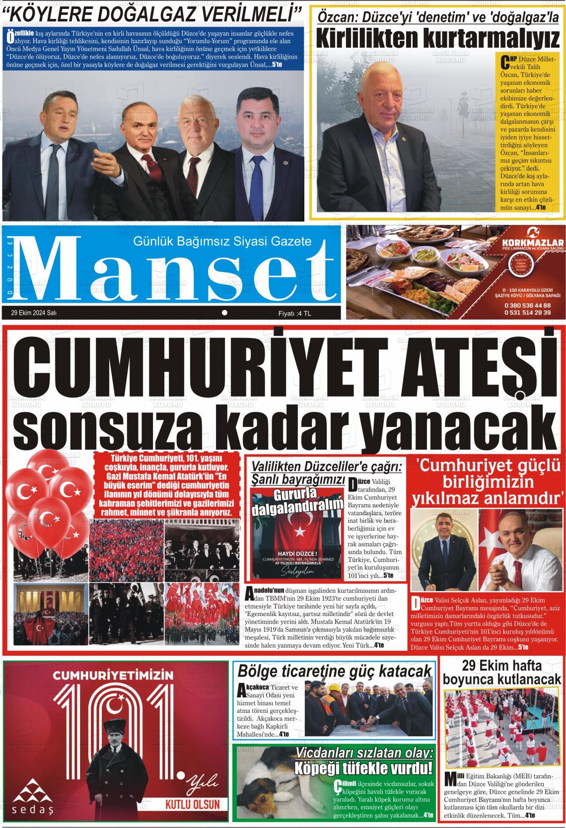 29 Ekim 2024 Düzce Manşet Gazete Manşeti