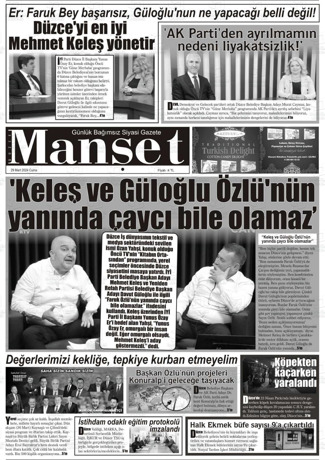 29 Mart 2024 Düzce Manşet Gazete Manşeti