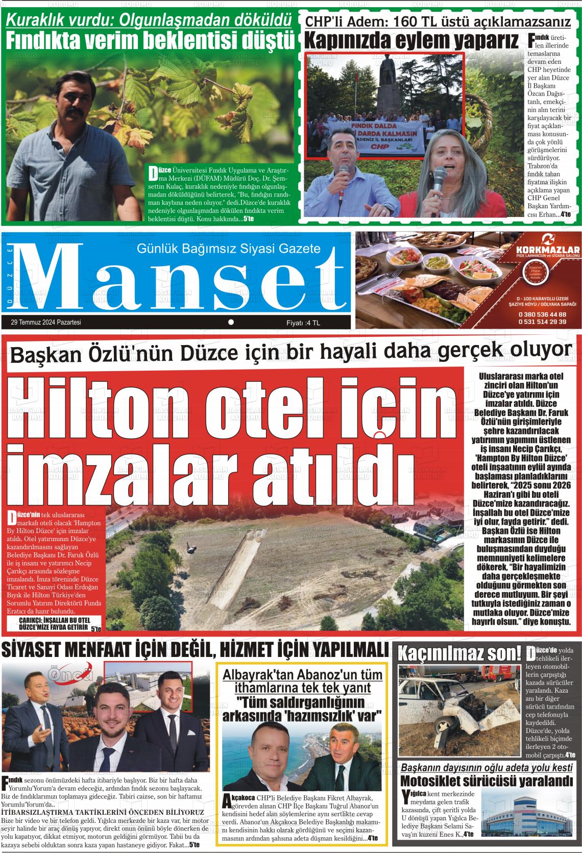 29 Temmuz 2024 Düzce Manşet Gazete Manşeti