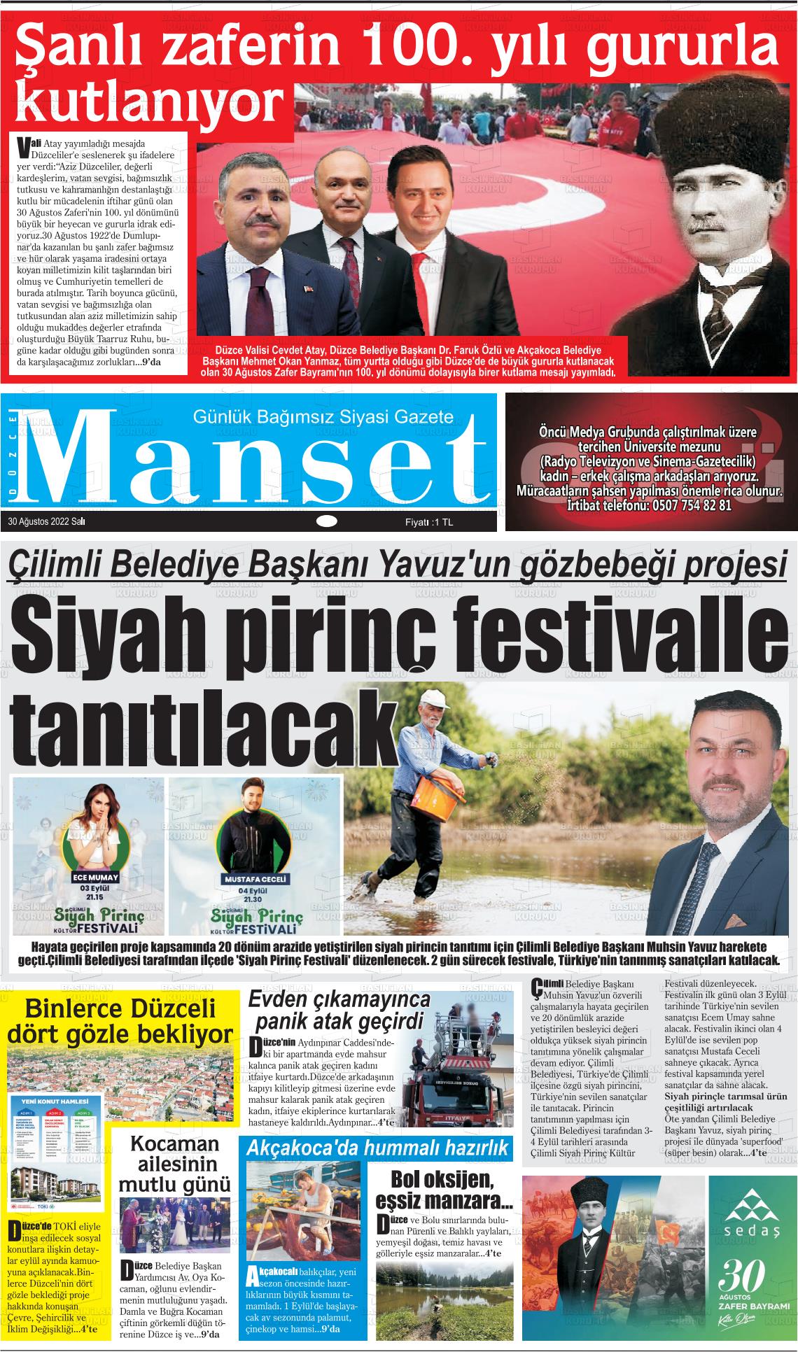 30 Ağustos 2022 Düzce Manşet Gazete Manşeti