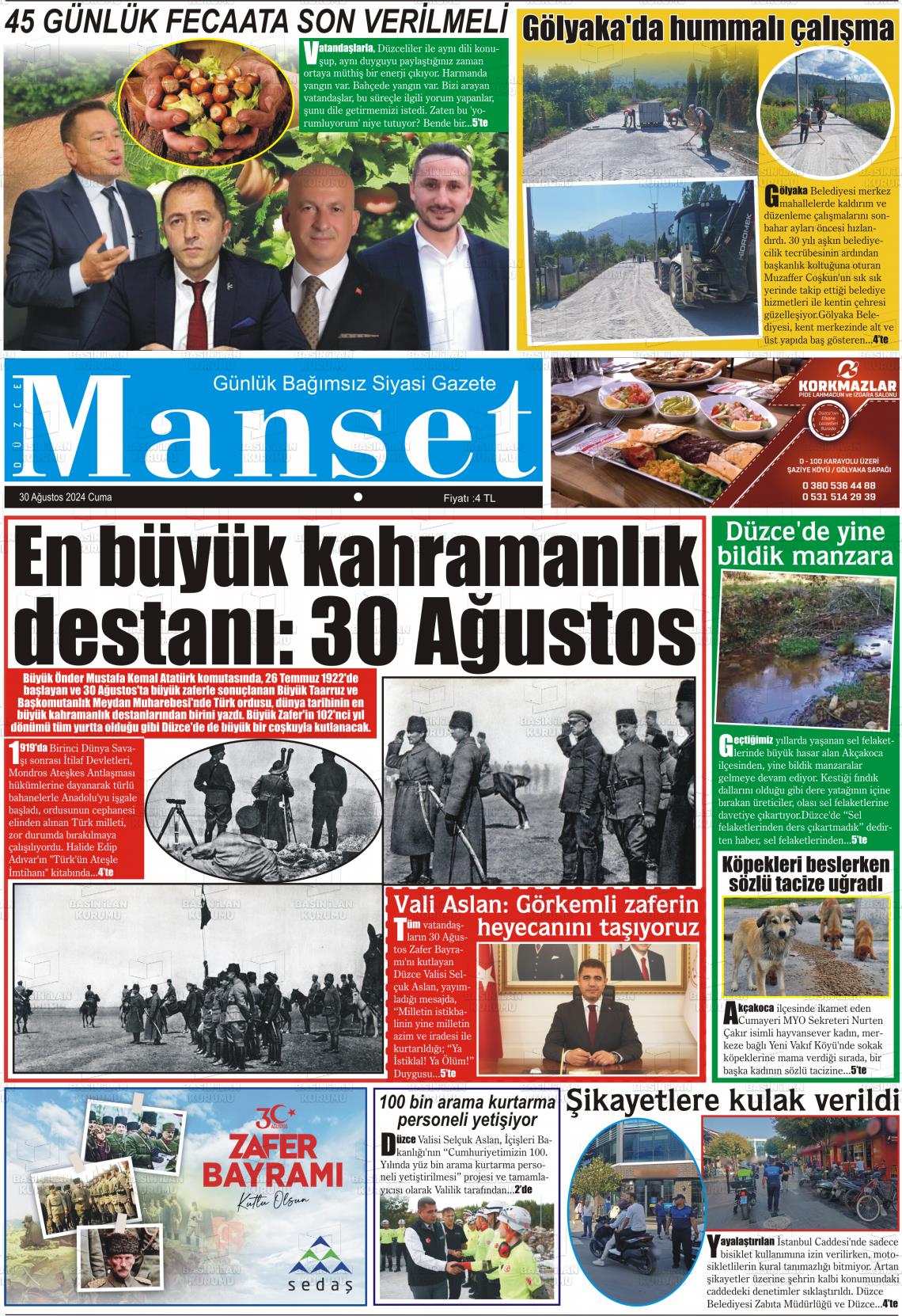 30 Ağustos 2024 Düzce Manşet Gazete Manşeti