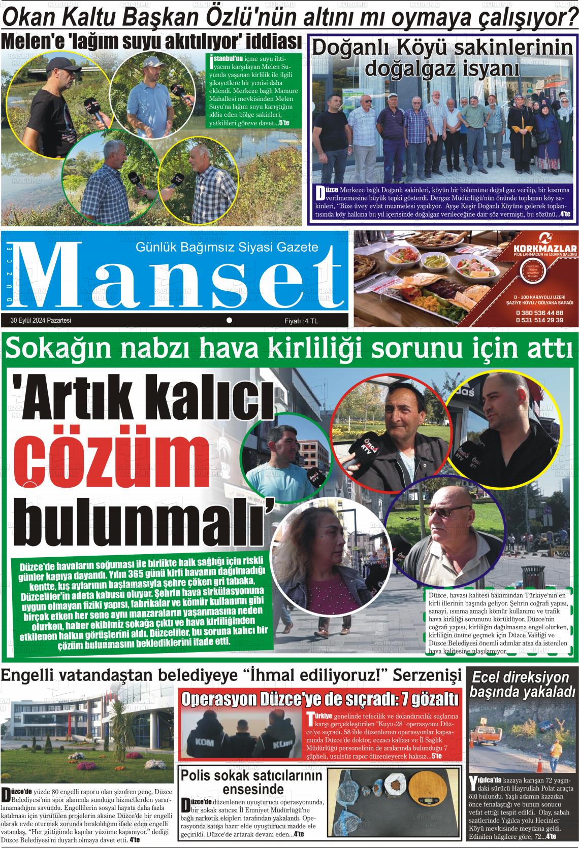 30 Eylül 2024 Düzce Manşet Gazete Manşeti