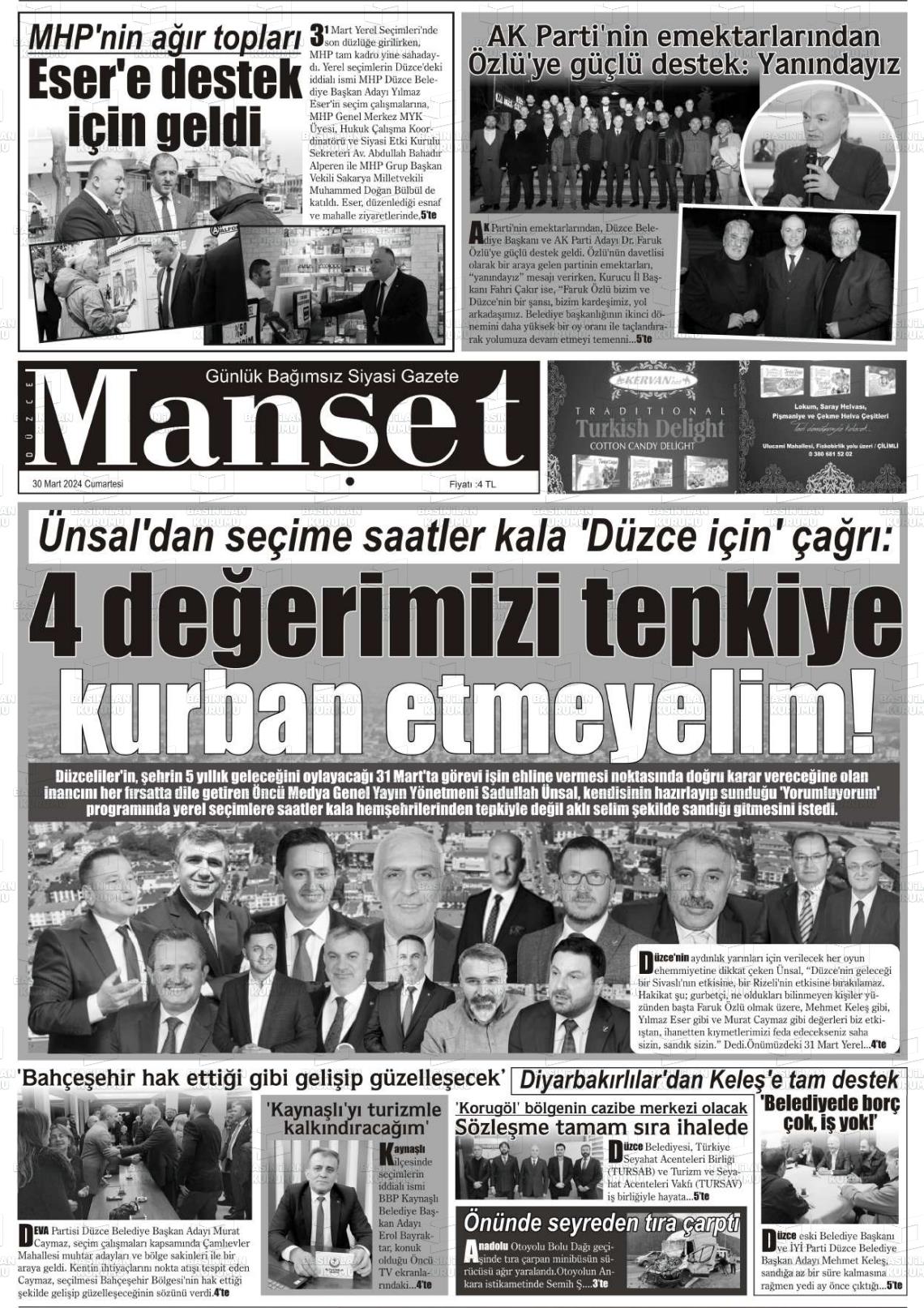 30 Mart 2024 Düzce Manşet Gazete Manşeti