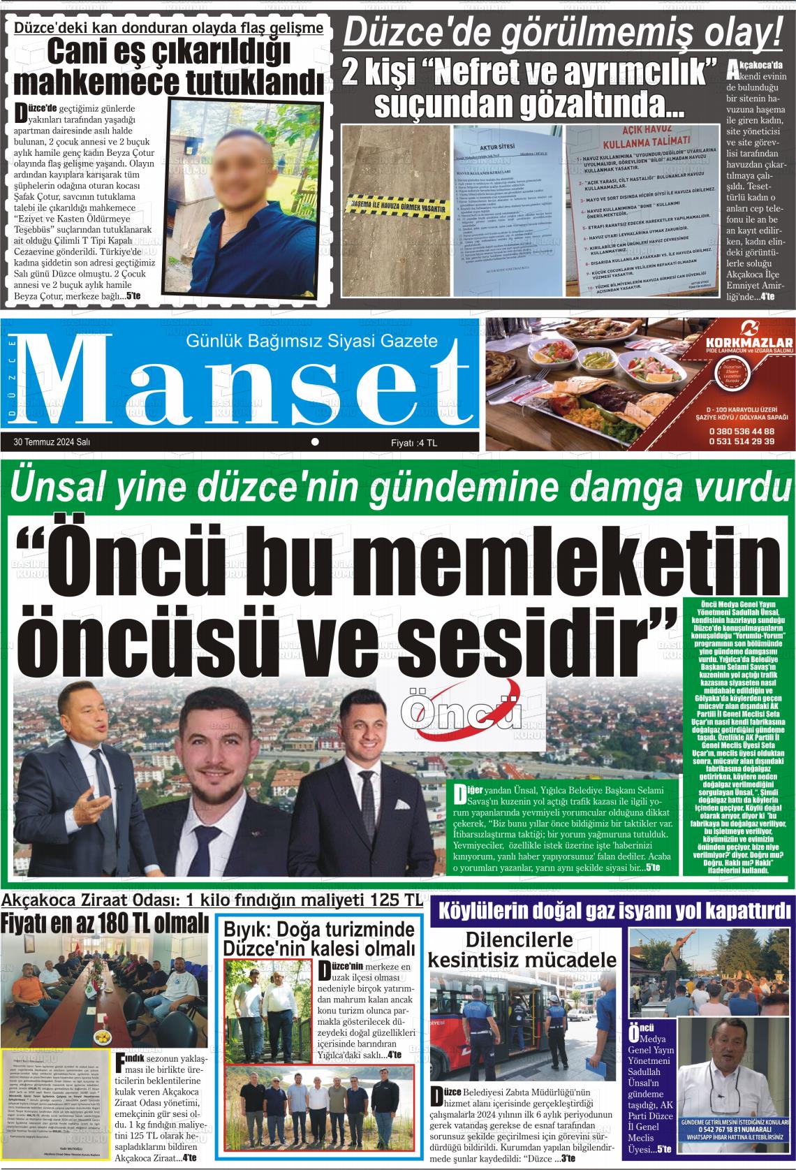 30 Temmuz 2024 Düzce Manşet Gazete Manşeti