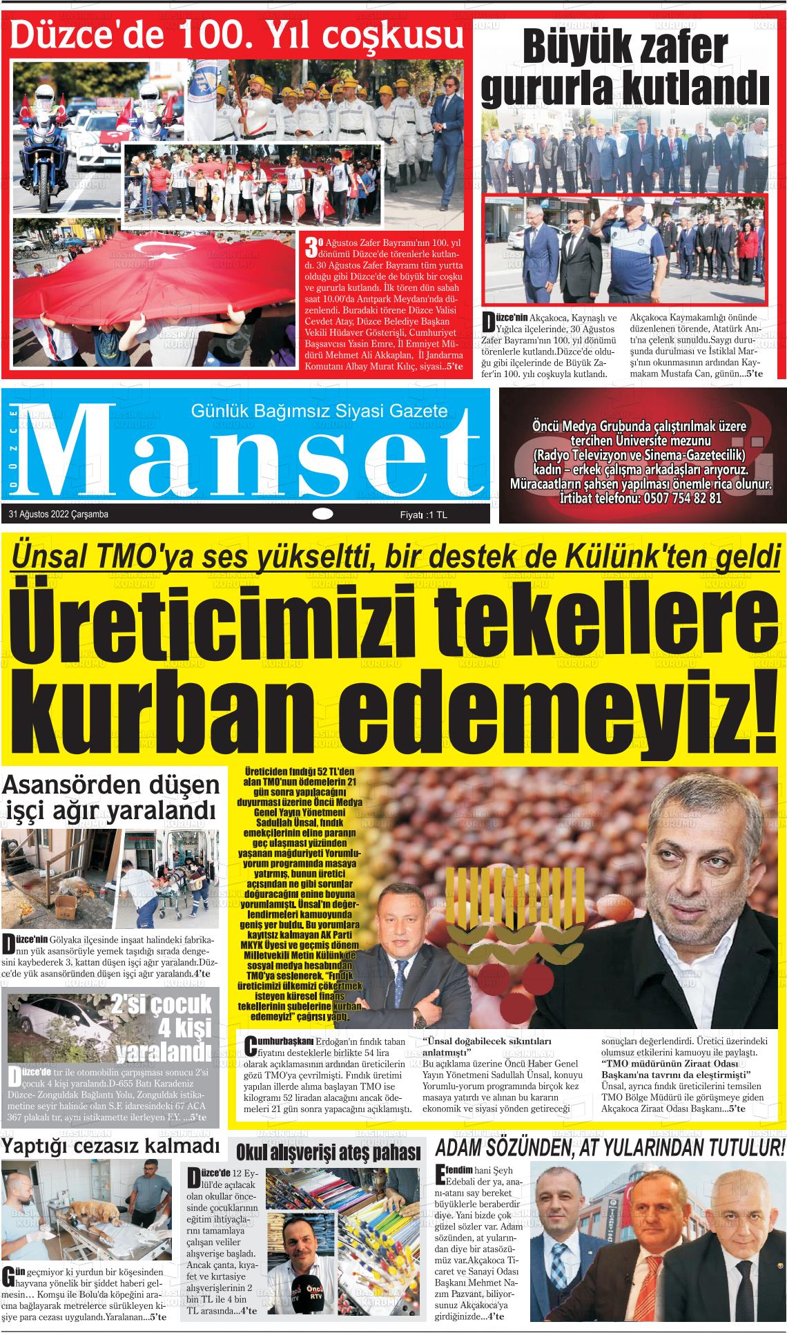 29 Ekim 2022 Düzce Manşet Gazete Manşeti