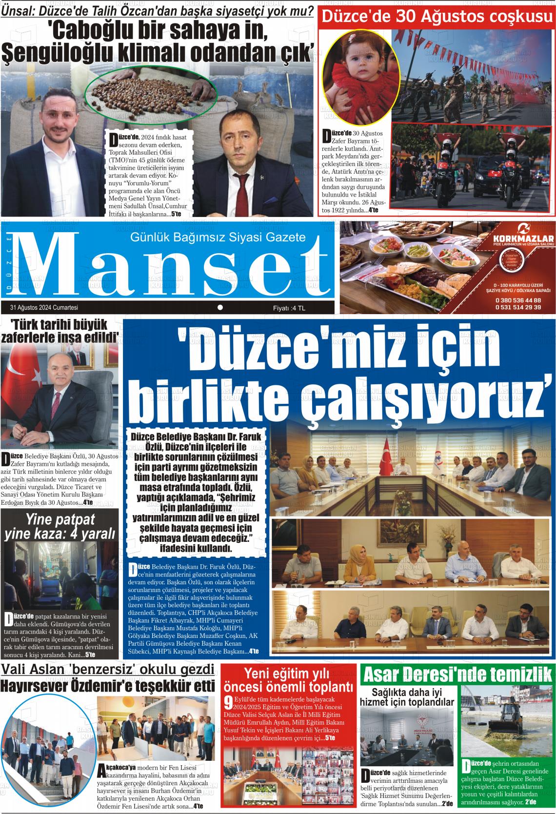 31 Ağustos 2024 Düzce Manşet Gazete Manşeti