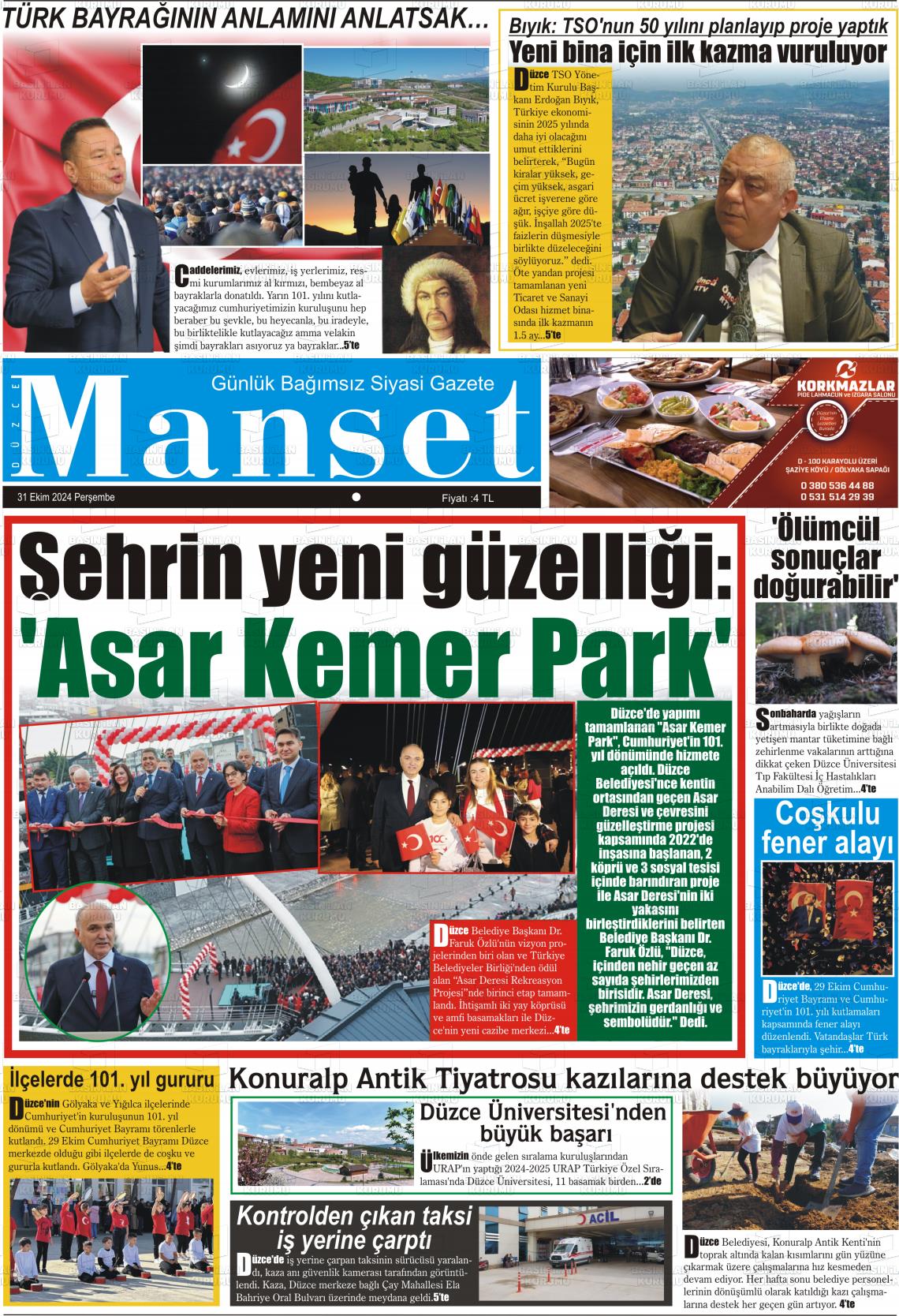 31 Ekim 2024 Düzce Manşet Gazete Manşeti