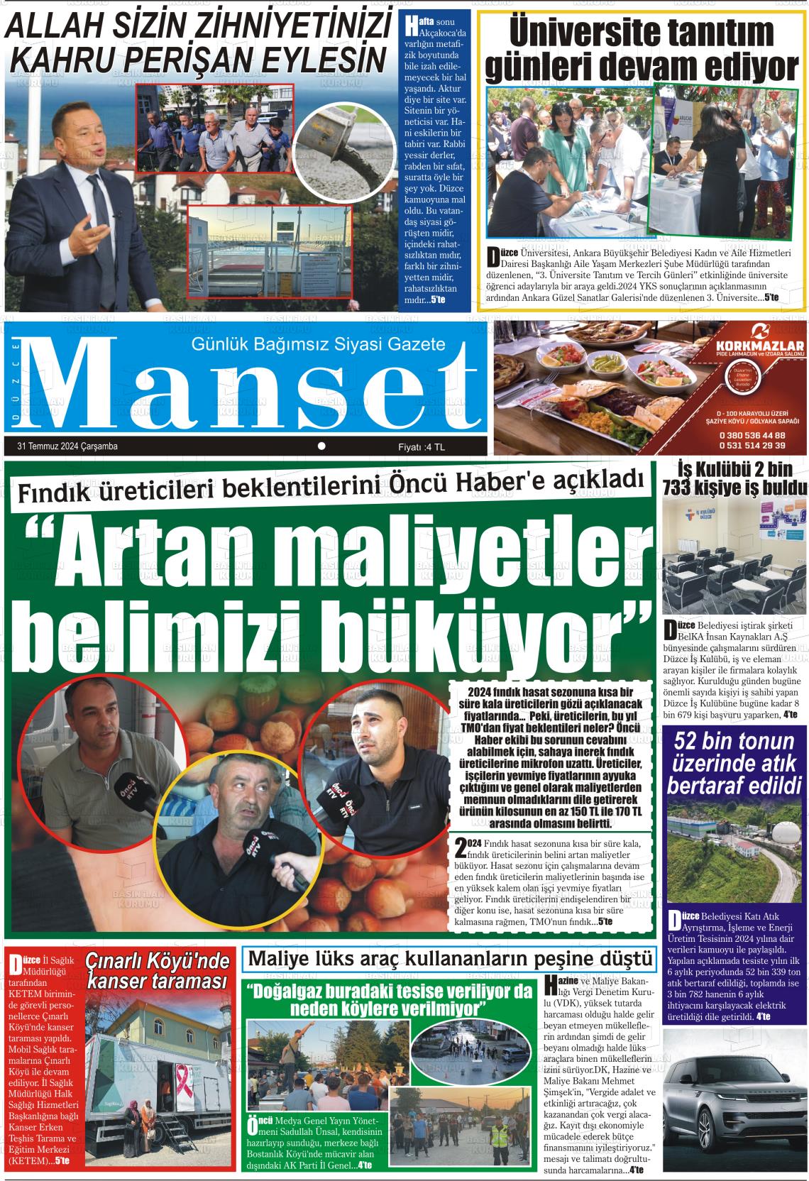 31 Temmuz 2024 Düzce Manşet Gazete Manşeti