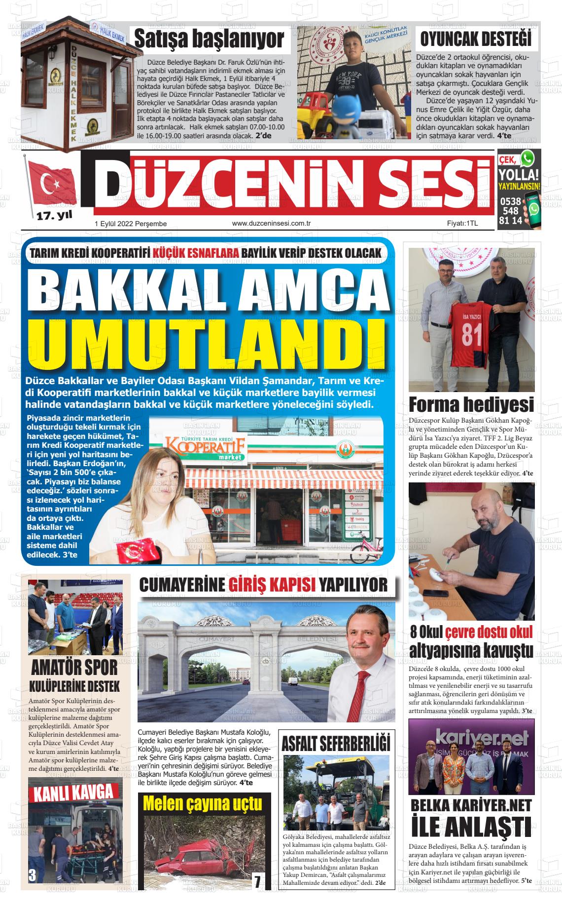 01 Eylül 2022 Düzcenin Sesi Gazete Manşeti