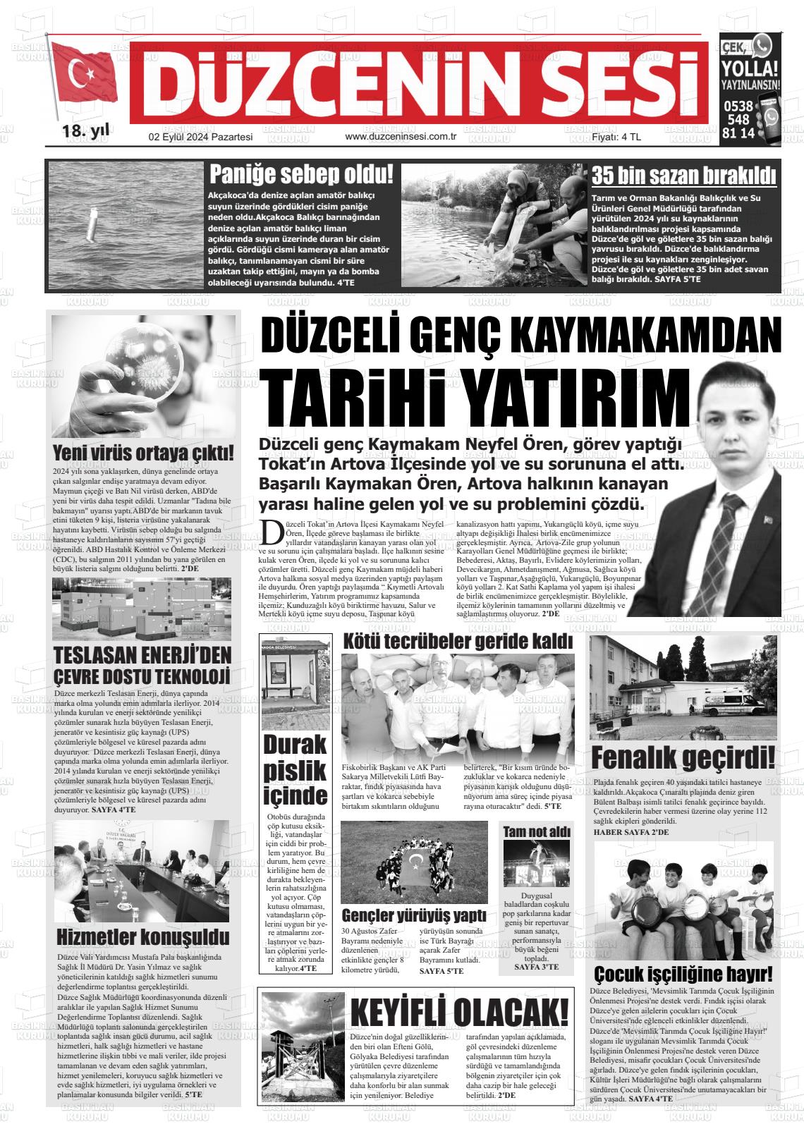 02 Eylül 2024 Düzcenin Sesi Gazete Manşeti