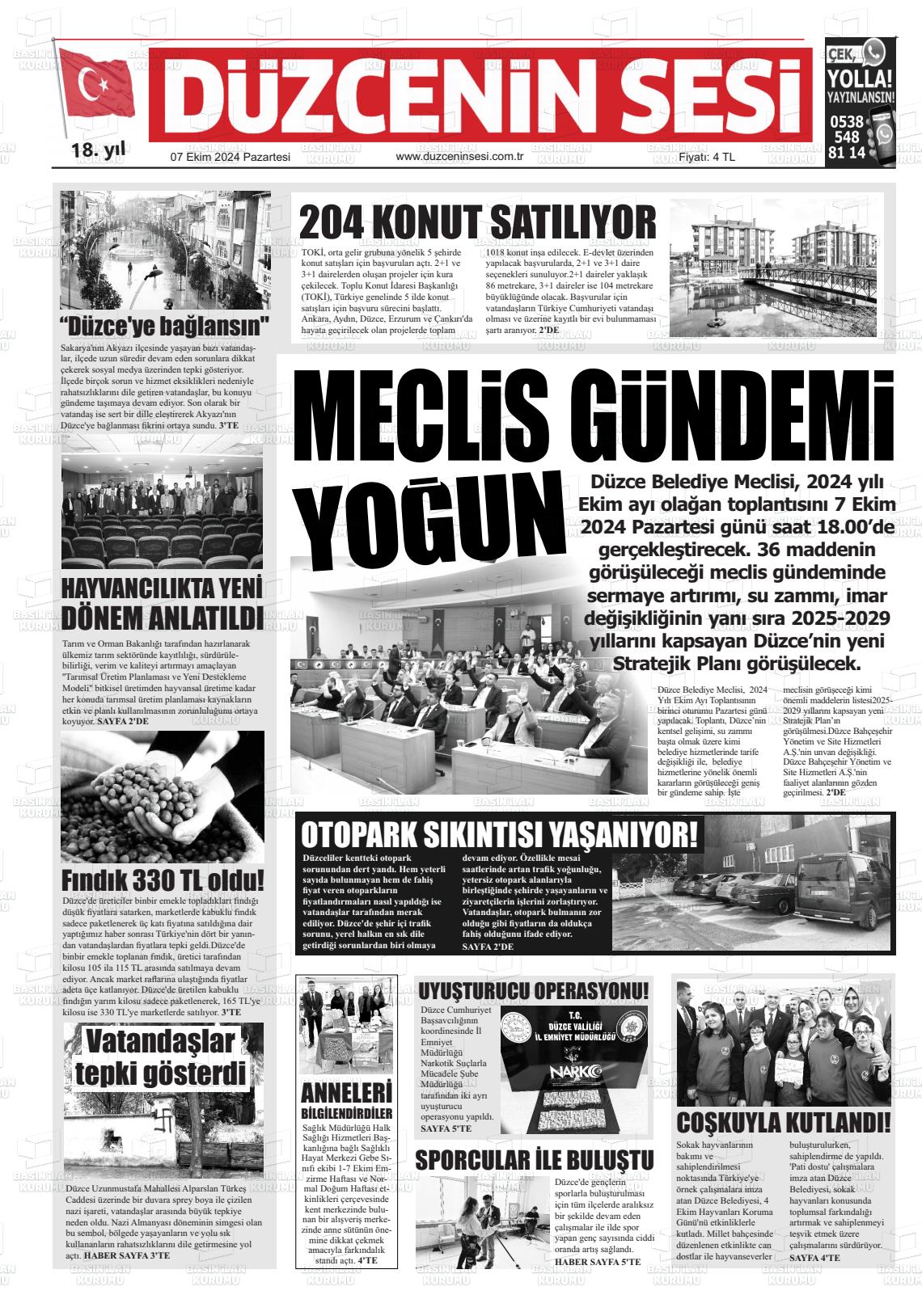 07 Ekim 2024 Düzcenin Sesi Gazete Manşeti