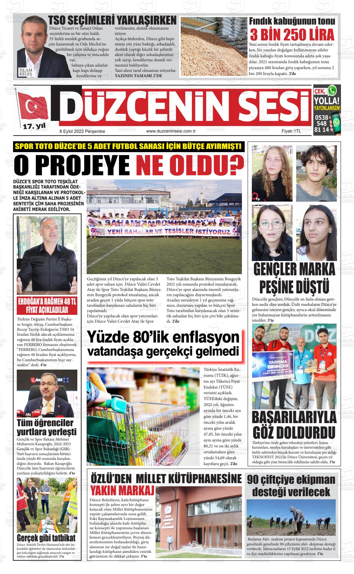 08 Eylül 2022 Düzcenin Sesi Gazete Manşeti