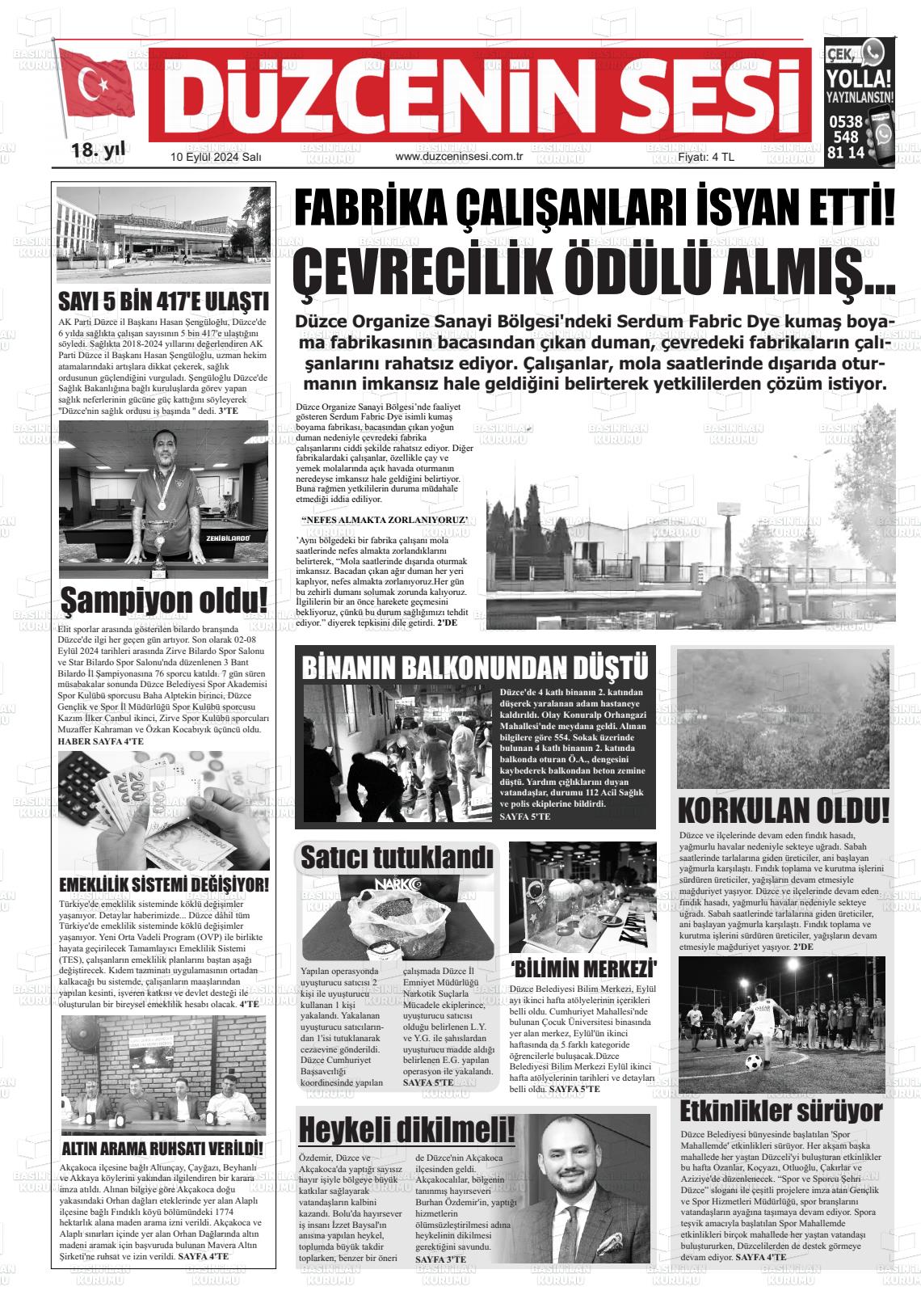 10 Eylül 2024 Düzcenin Sesi Gazete Manşeti