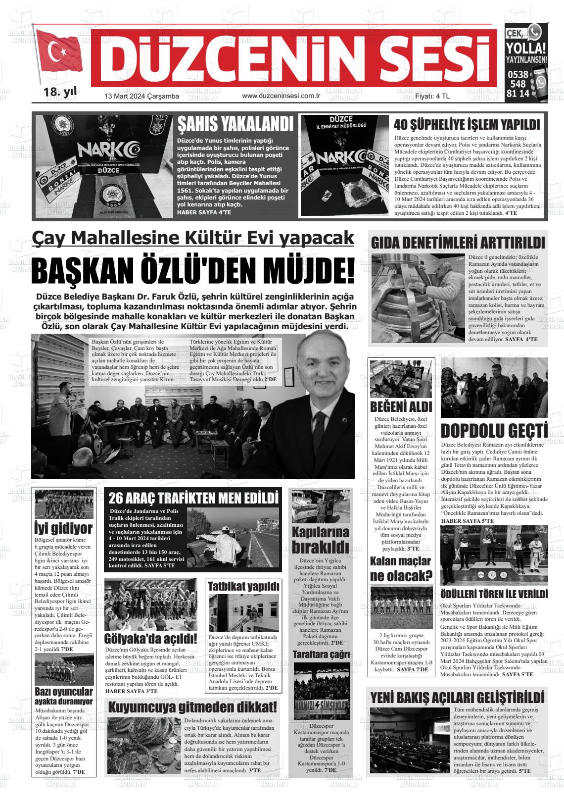 13 Mart 2024 Düzcenin Sesi Gazete Manşeti