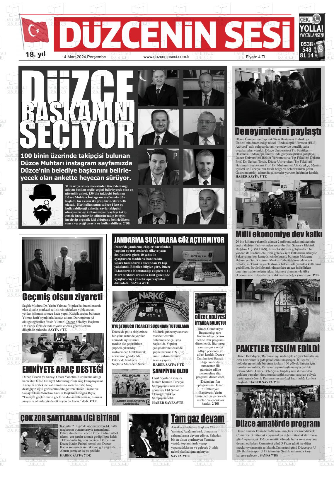 14 Mart 2024 Düzcenin Sesi Gazete Manşeti