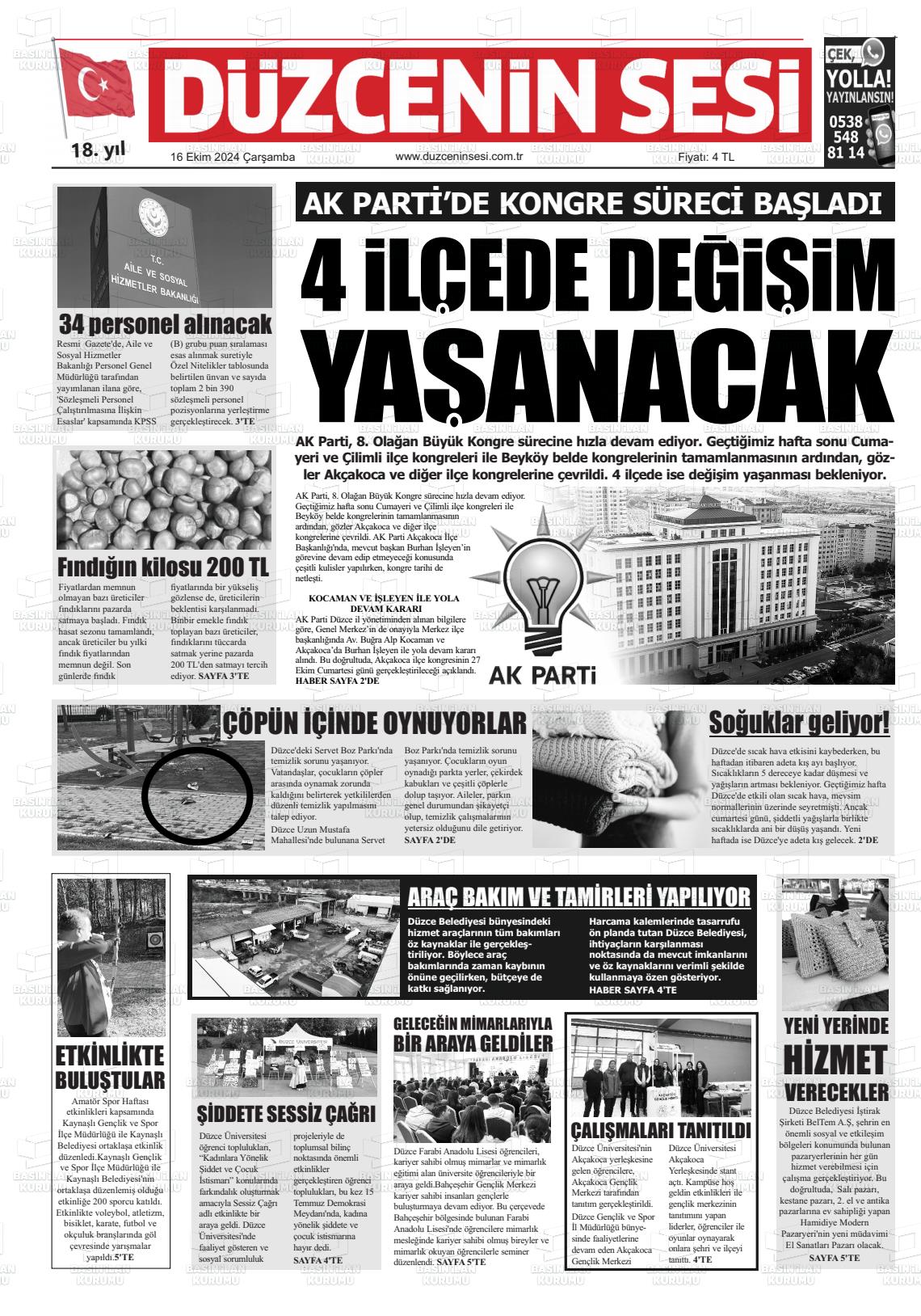 16 Ekim 2024 Düzcenin Sesi Gazete Manşeti