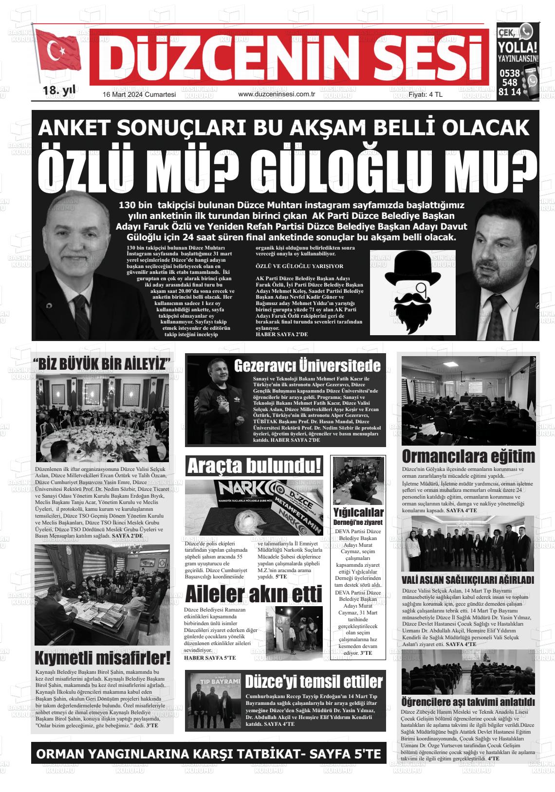 16 Mart 2024 Düzcenin Sesi Gazete Manşeti