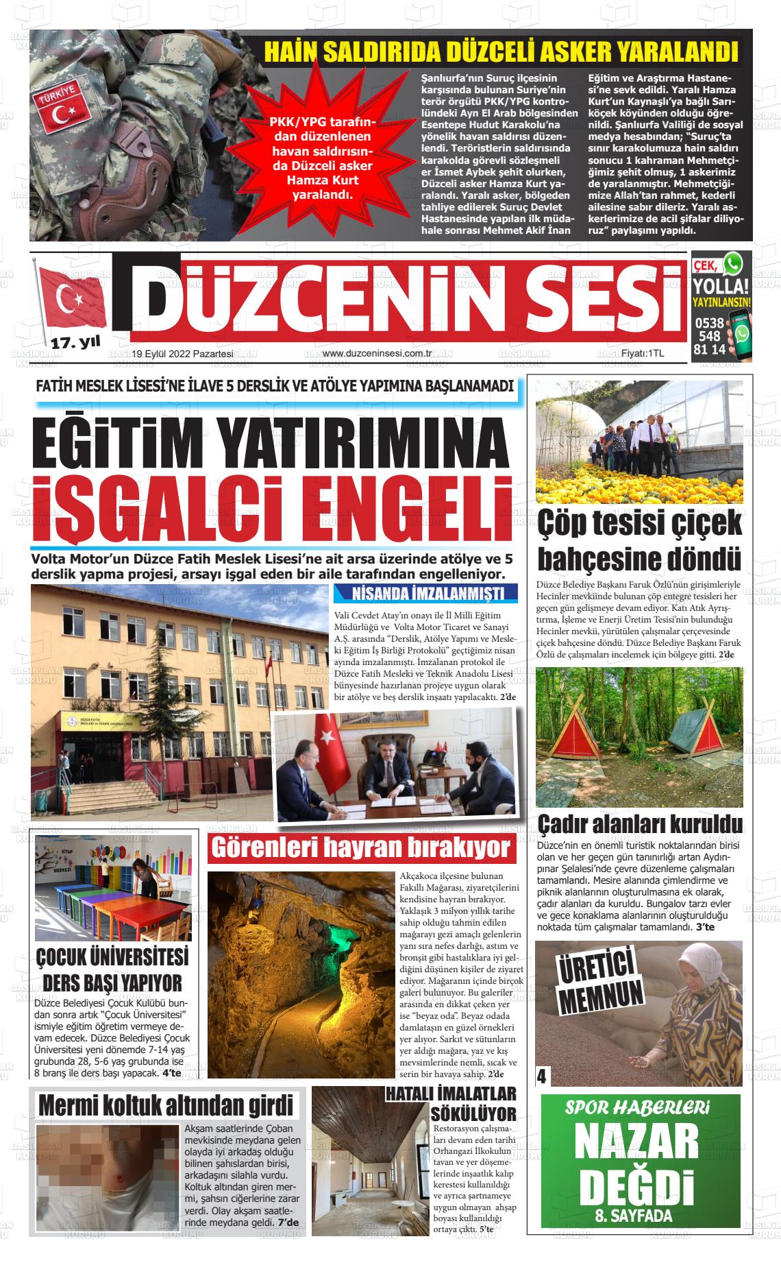 19 Eylül 2022 Düzcenin Sesi Gazete Manşeti