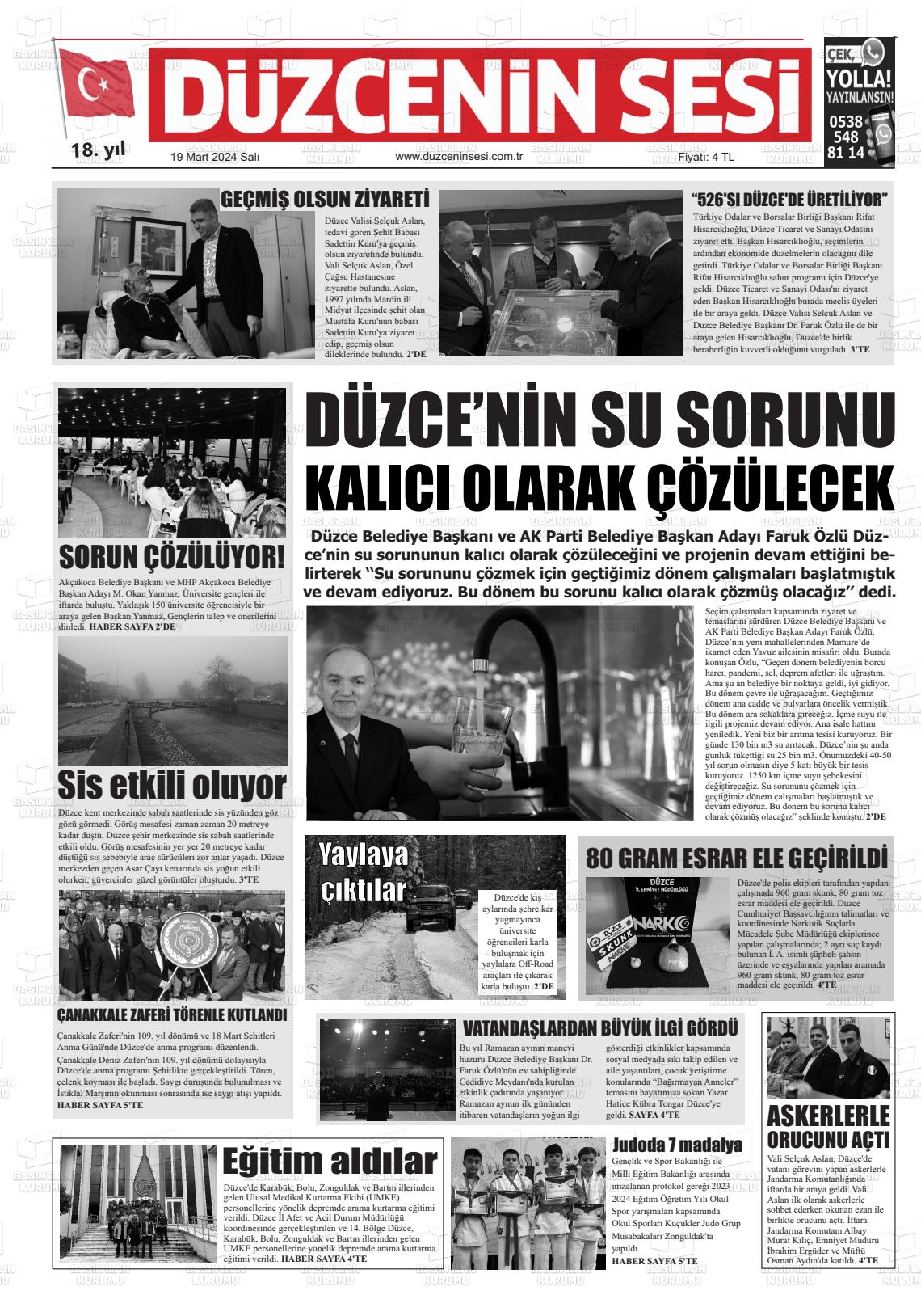 19 Mart 2024 Düzcenin Sesi Gazete Manşeti