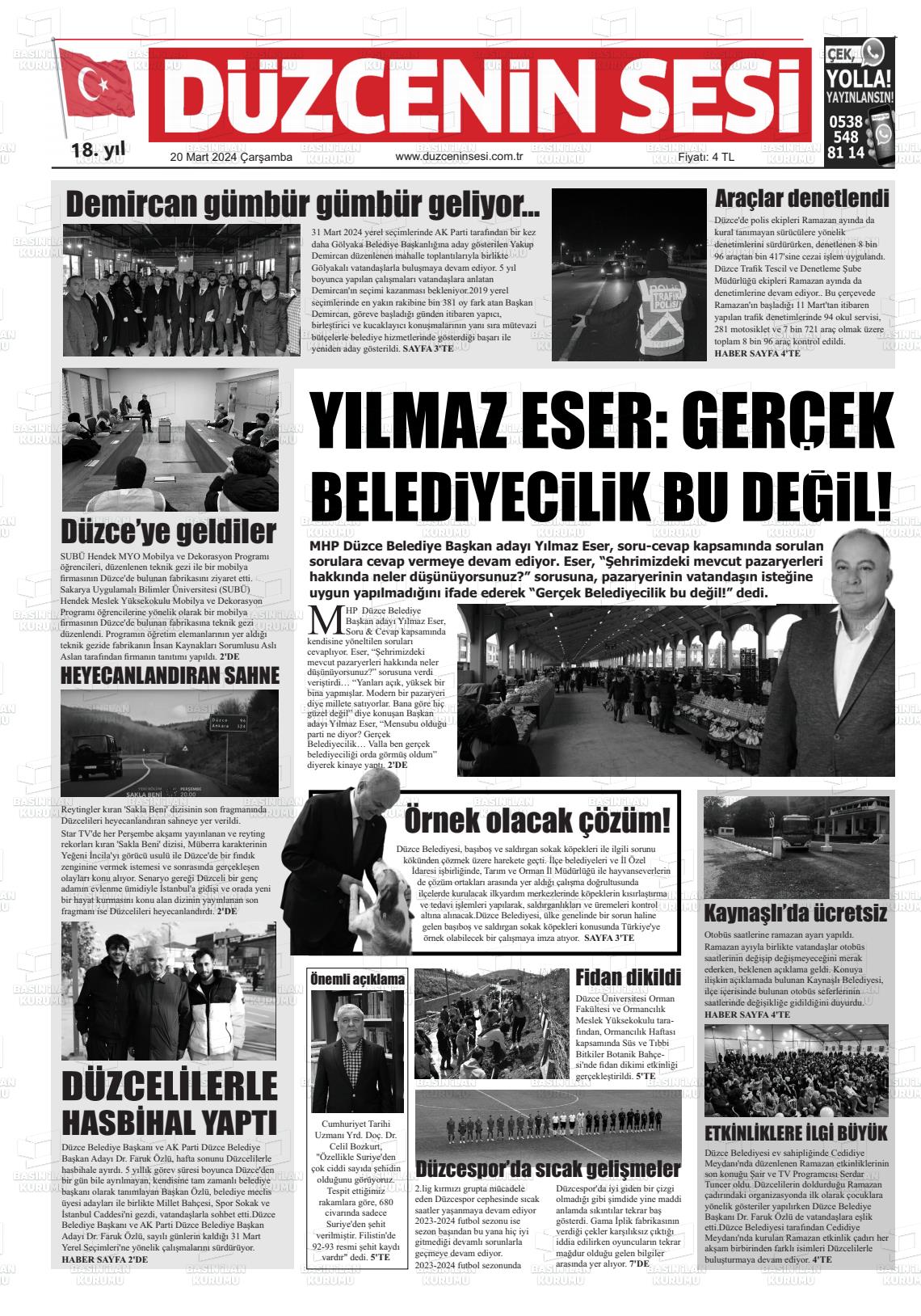 20 Mart 2024 Düzcenin Sesi Gazete Manşeti