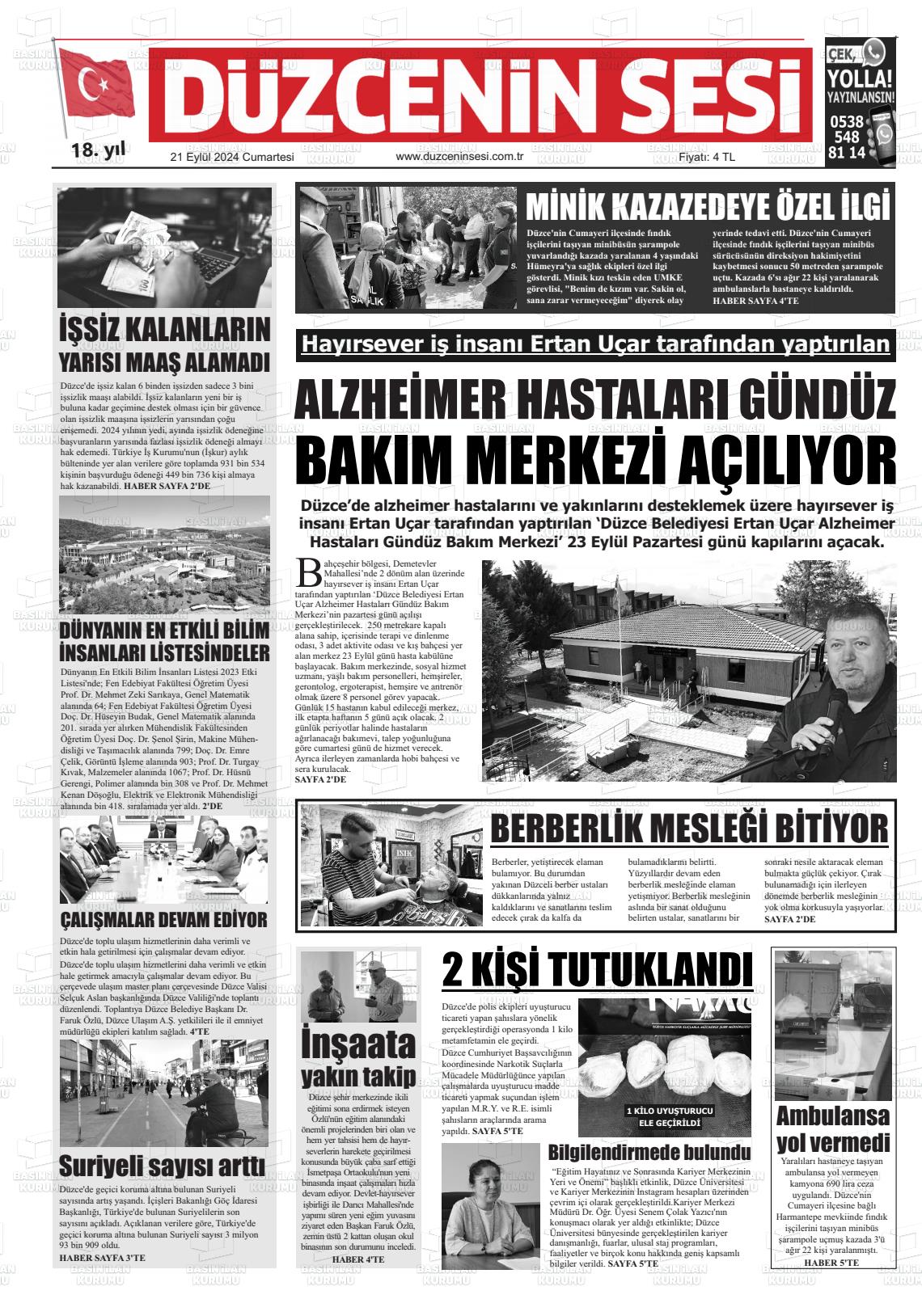 21 Eylül 2024 Düzcenin Sesi Gazete Manşeti