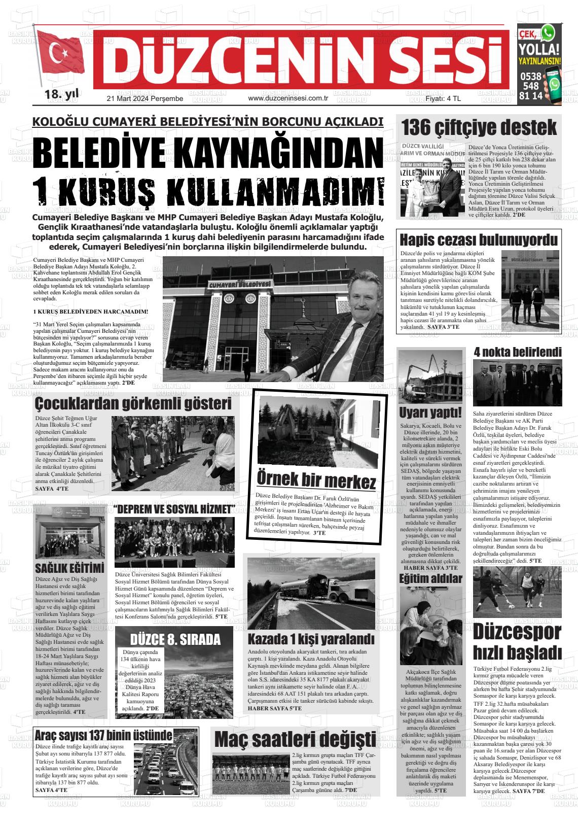 21 Mart 2024 Düzcenin Sesi Gazete Manşeti