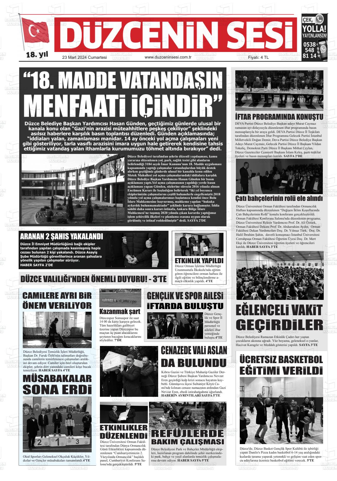 23 Mart 2024 Düzcenin Sesi Gazete Manşeti