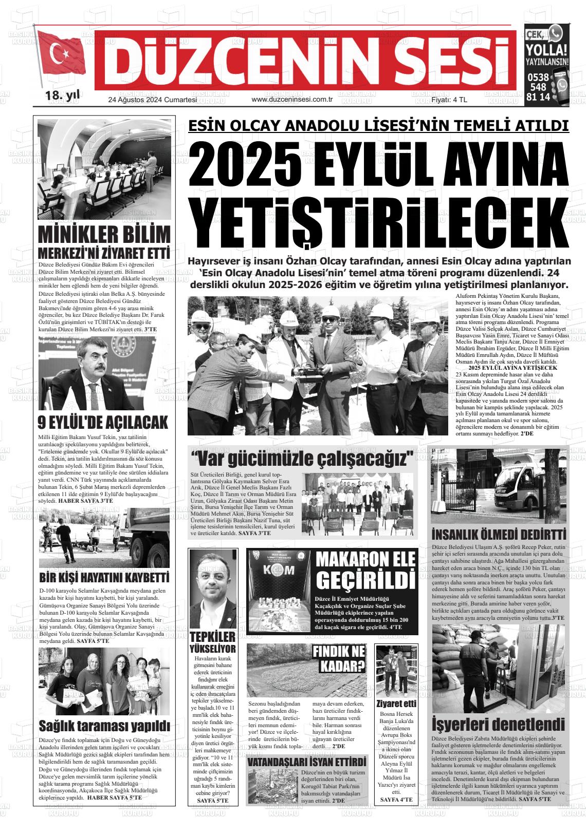 24 Ağustos 2024 Düzcenin Sesi Gazete Manşeti