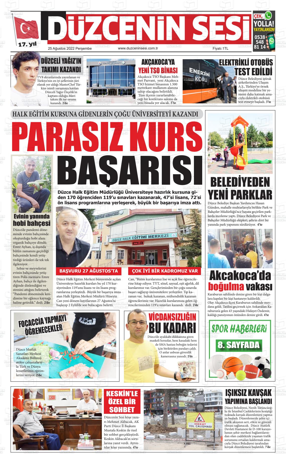 25 Ağustos 2022 Düzcenin Sesi Gazete Manşeti