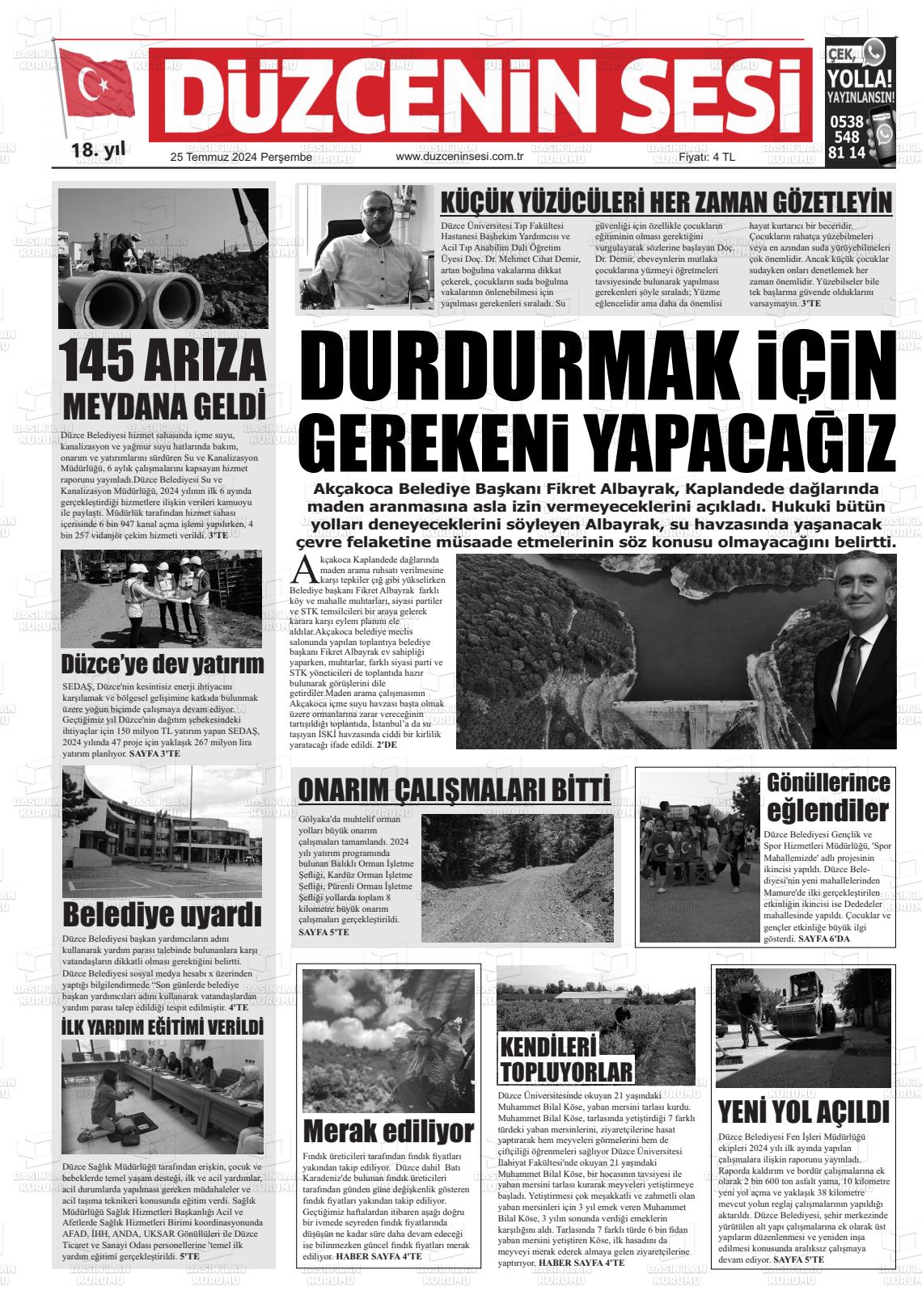 25 Temmuz 2024 Düzcenin Sesi Gazete Manşeti