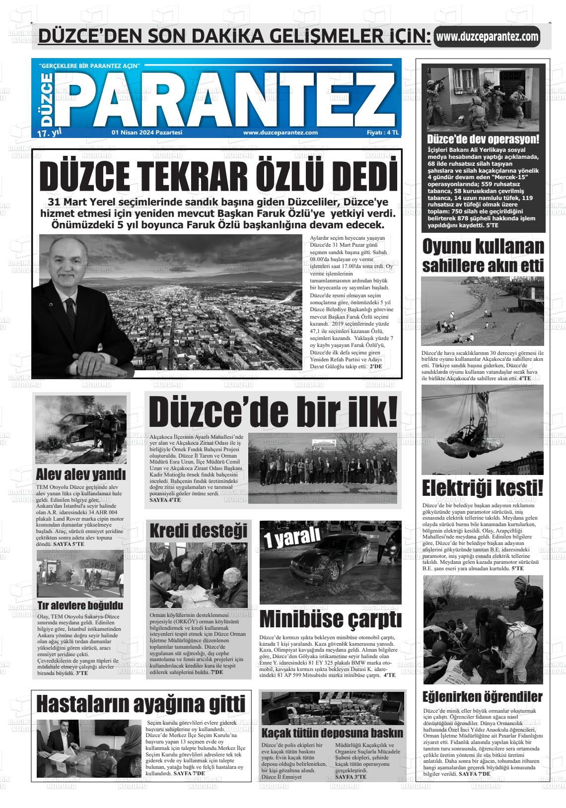 01 Nisan 2024 Düzce Parantez Gazete Manşeti